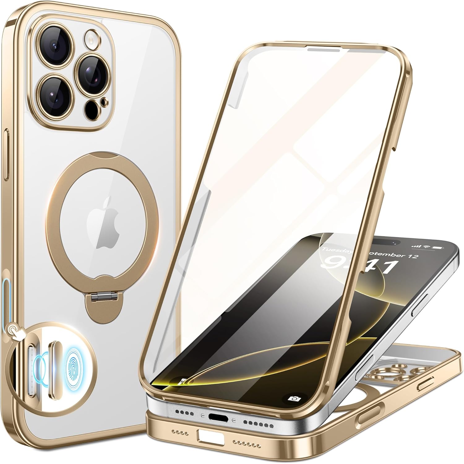 BERFY for iPhone 16 Pro Max Case, Compatible with MagSafe, Built-in 9H Tempered Glass Screen Protector and 360 Spin Magnetic Stand, Full Body Shockproof Phone Case for 16 Pro Max 6.9", Clear Gold