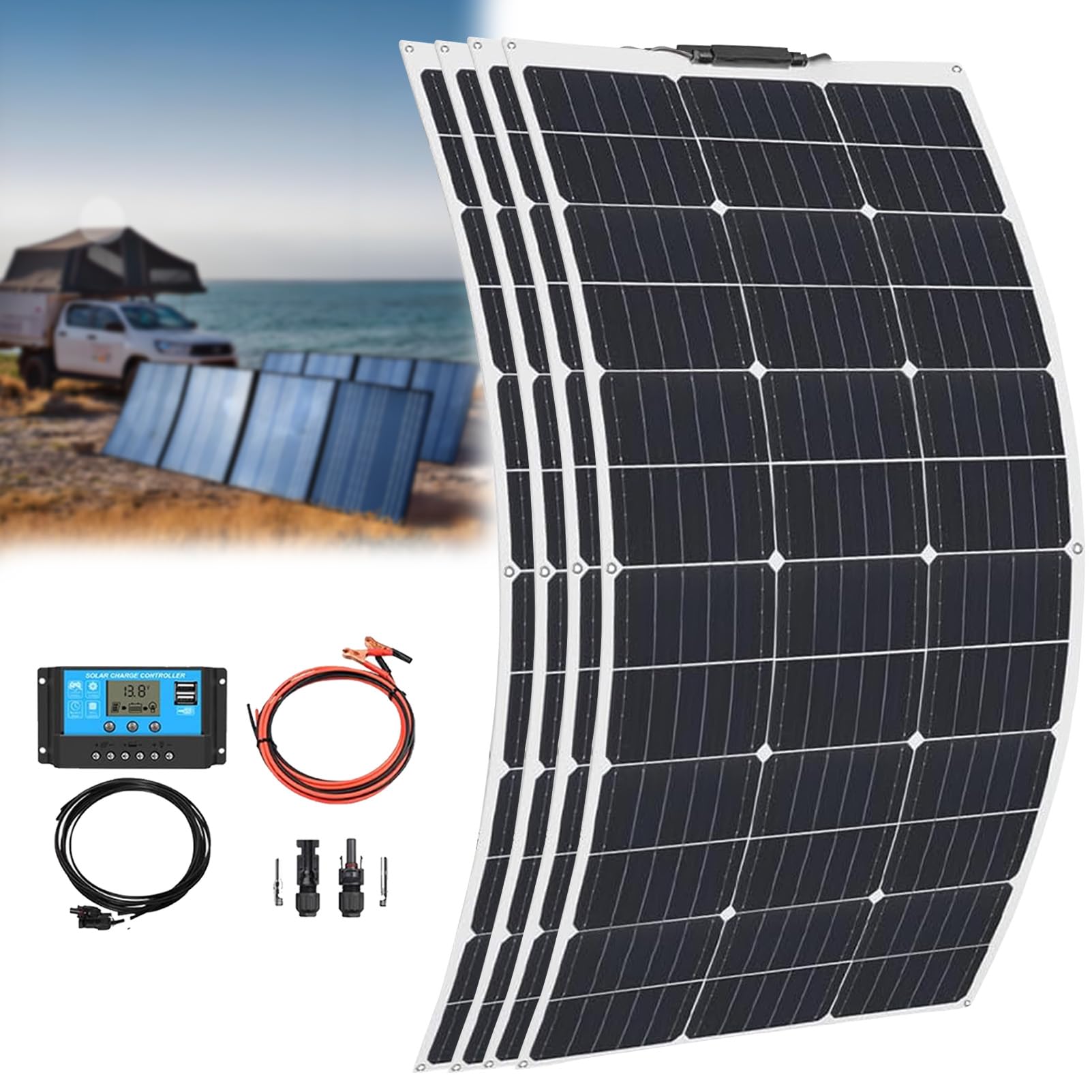 Pannello Solare, Pannello Solare Flessibile Monocristallino, Impermeabile Ip68, 400w, per RV, Camper,Auto, Barca, Roulotte,Famiglia, Batteria. 4×200w