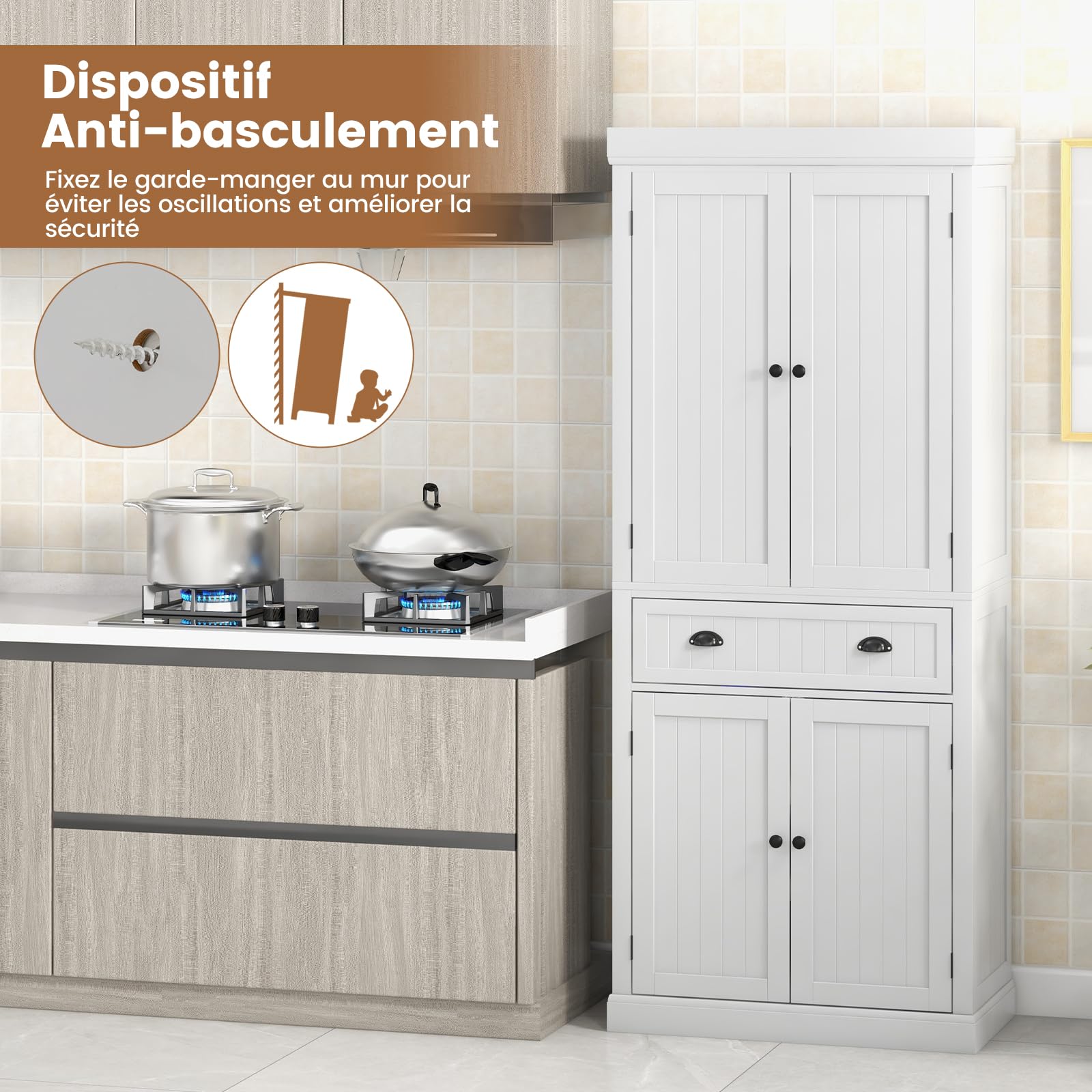 GOPLUS Meuble de Rangement Haut avec 4 Portes & 2 Tiroirs, Buffet Haut de Cuisine avec Étagères réglables pour Salle à Manger, Salon, Cuisine, Salle de Bain, 76 x 40 x183 cm (Blanc)