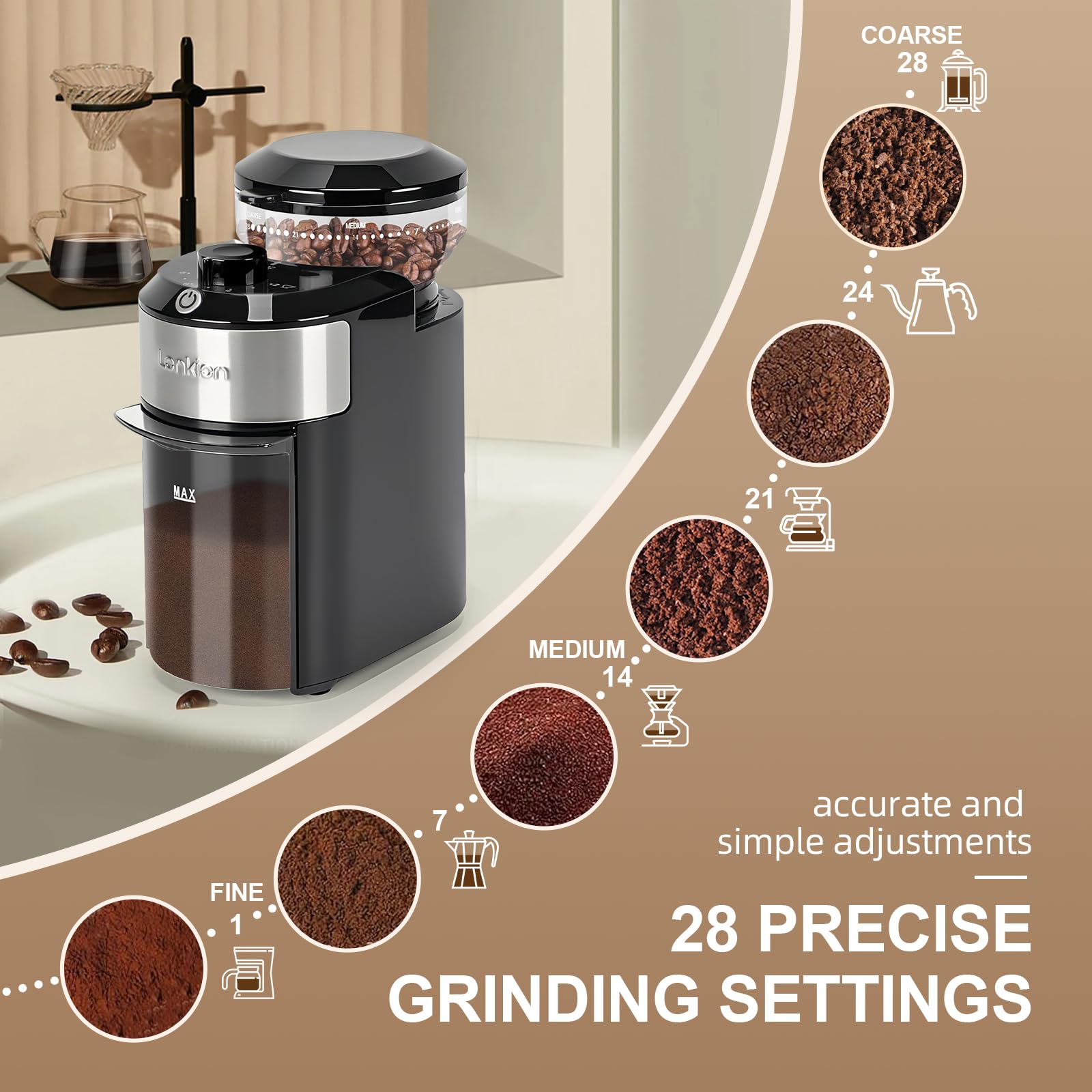 Lonkion Burr Coffee Grinder - 28 Grind Settings -2