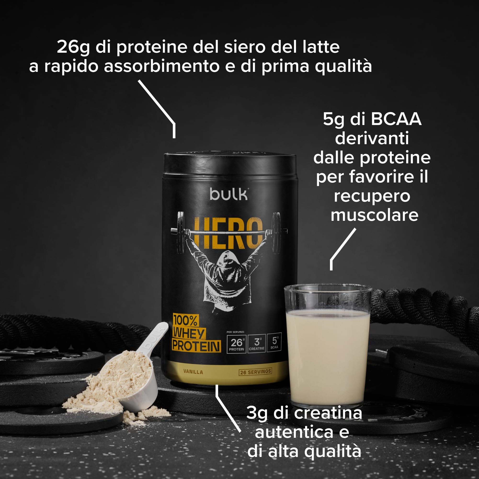 Bulk Hero Whey Protein Powder | Vanilla | 13 Servings | 26g Protein + 3g Creatine | 5g BCAAs | Low Sugar | Fast Absorption | Isolate, Hydrolysed & Concentrate Blend
