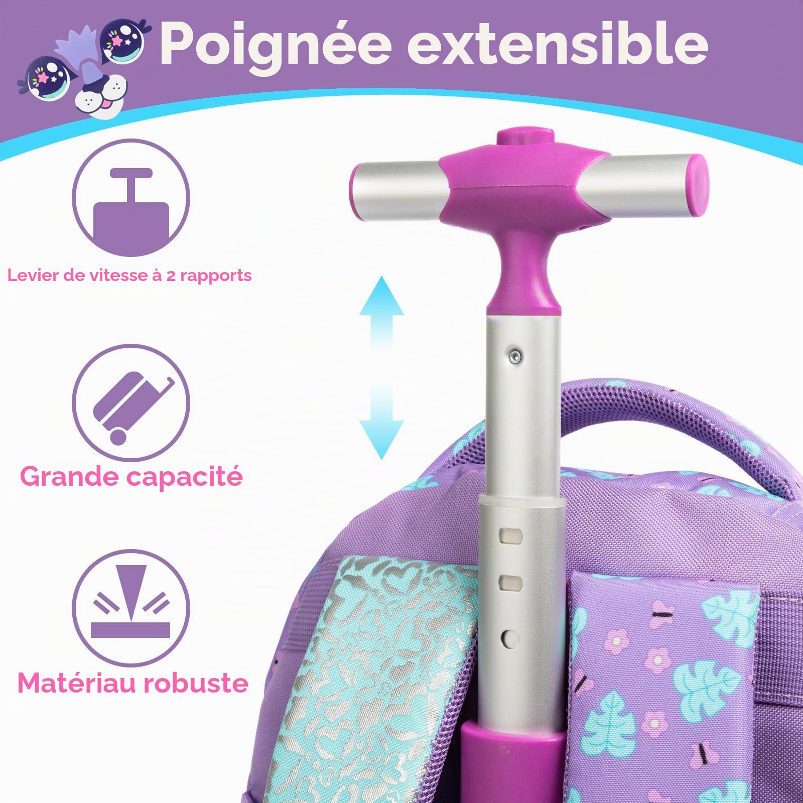 Sac a Dos Animal Enfant Roulette Fille Primaire Valise École Maternelle Sacs à D'école pour Voyage Cabine de Bagages 17" 3PCS Ensemble Grand Cartable Étudiant Simple Violet