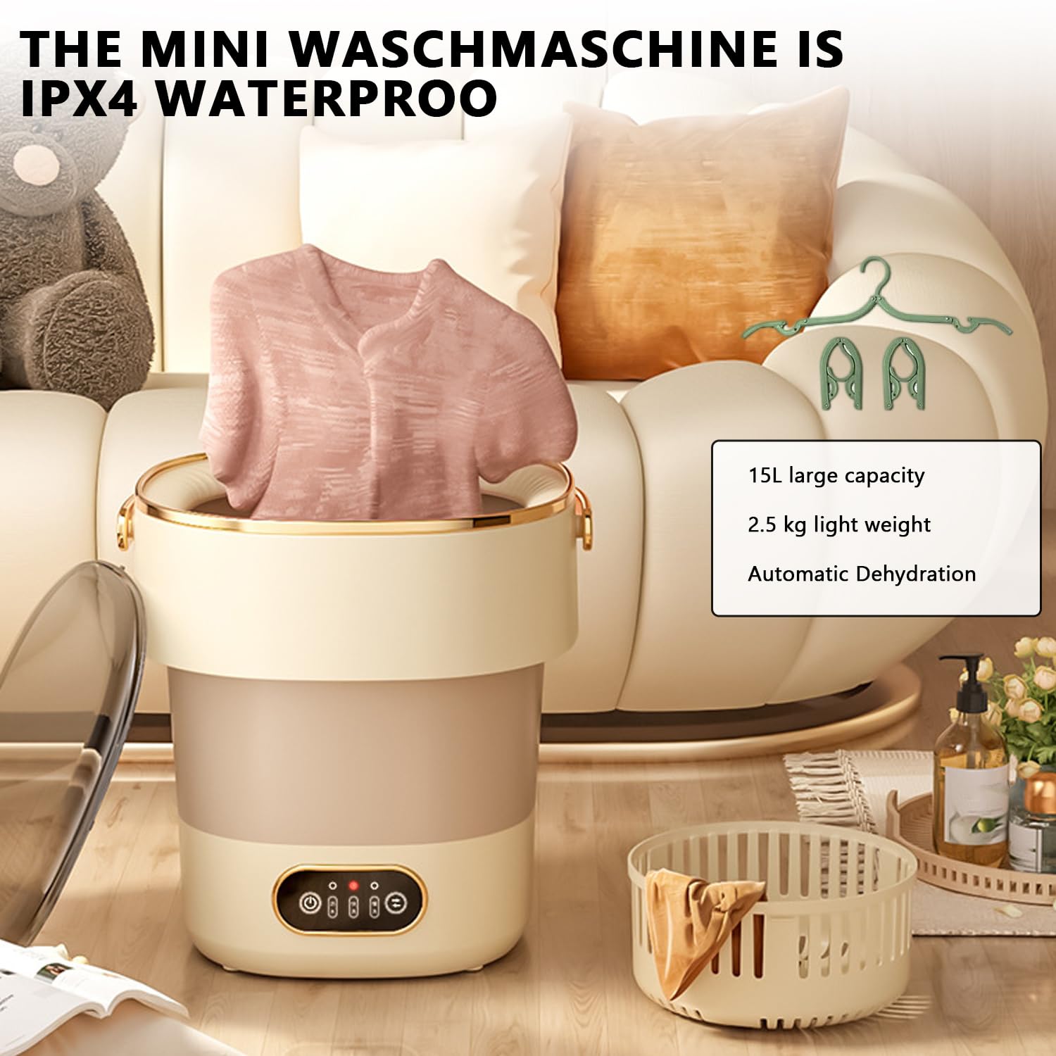 Mini Waschmaschine 15 l, Tragbare Waschmaschine mit Schleudern, 2.5kg Faltbar Reisewaschmaschine für Babykleidung, Camping Toplader Klein