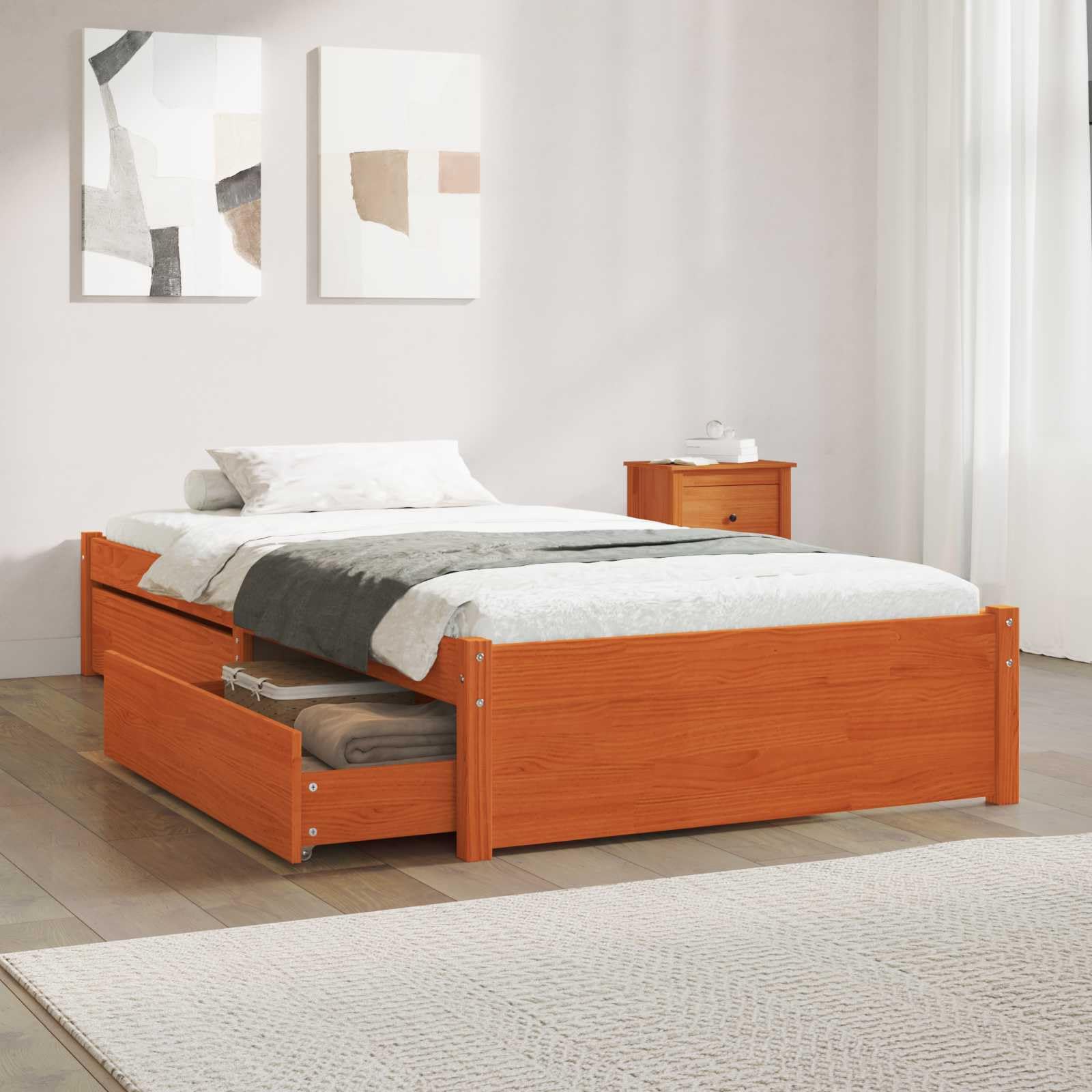 Letto singolo con cassetti, in legno massello di pino marrone cerato, struttura letto con contenitore per materassi 90 x 190 cm, 195,5 x 95,5 x 31 cm