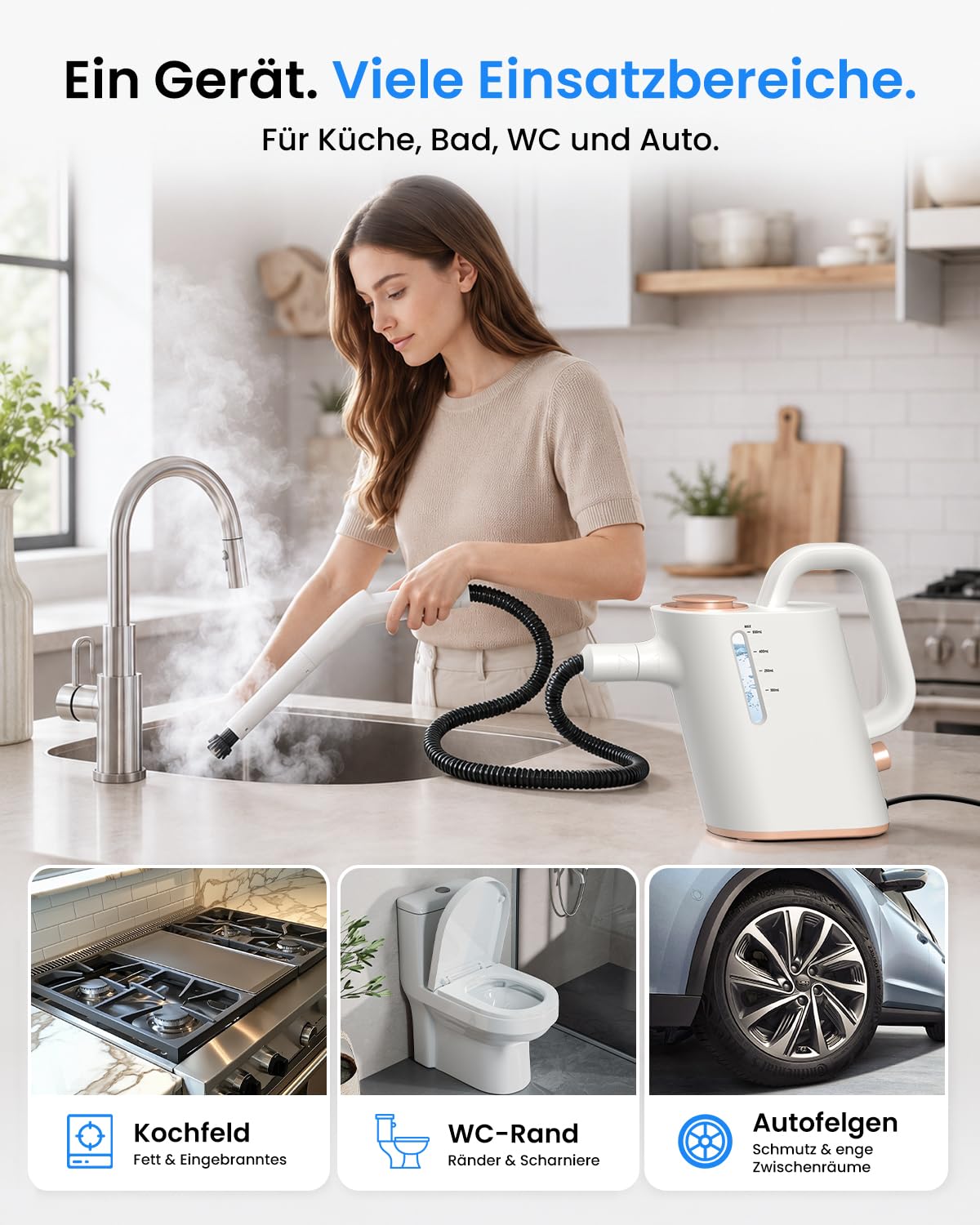 Dampfreiniger Handgerät, 15 Sek. Aufheizzeit, 550 ml Wassertank | 16 Zubehörteile, regulierbarer Dampf, 1,5 m Schlauch und 3 m Kabel für Bad, Küche, Fugen, Fensterrahmen und Polster
