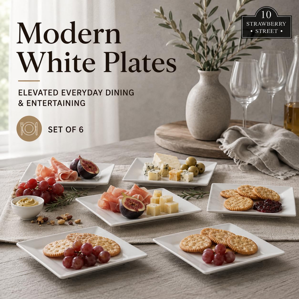 10 Strawberry Street Ceramic Simply White 6" Square Appetizer Plate, Set of 6 image 2