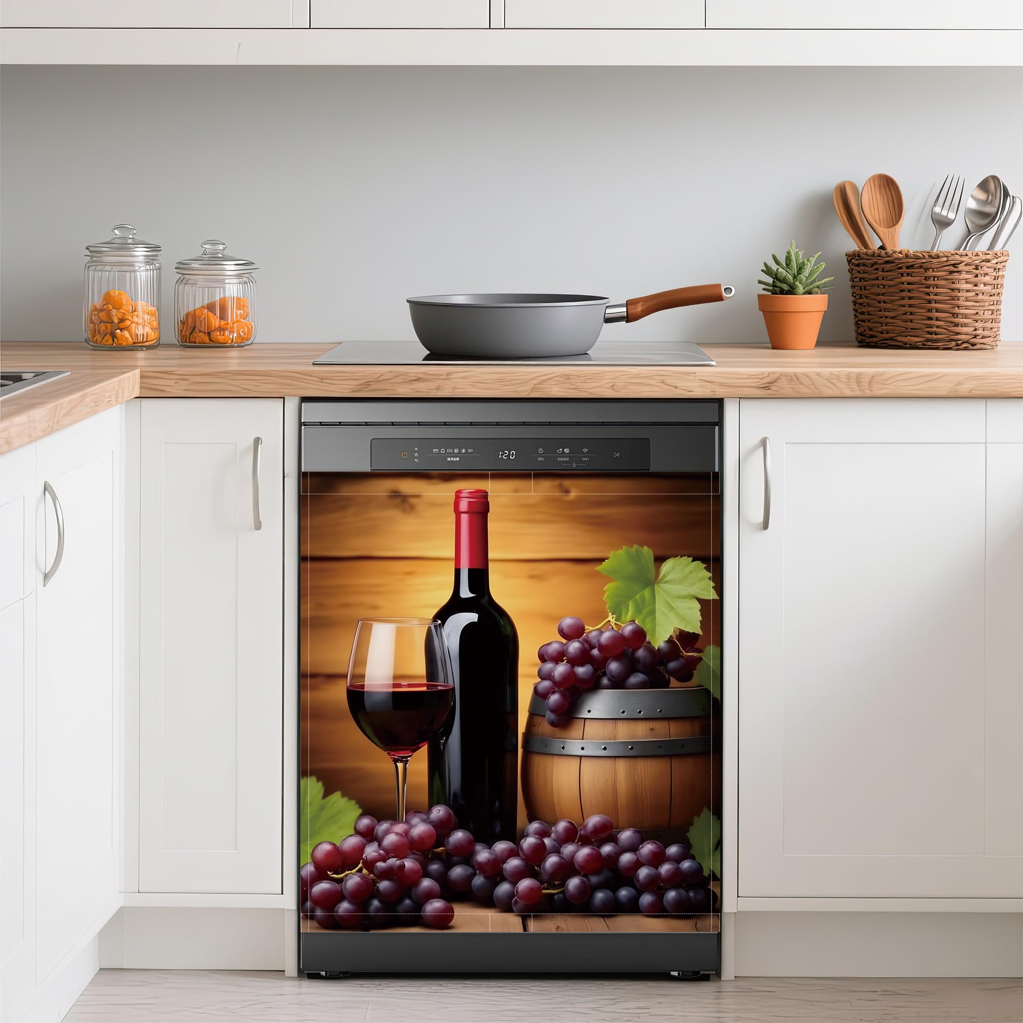 Grape Wine Glass Dishwasher Covers for The Front Magnetic,Farmhouse Wine Barrel Refrigerator Magnets Decoration,Reusable Dishwasher Cover Panel for Home Kitchen Decor 23x26 Inch