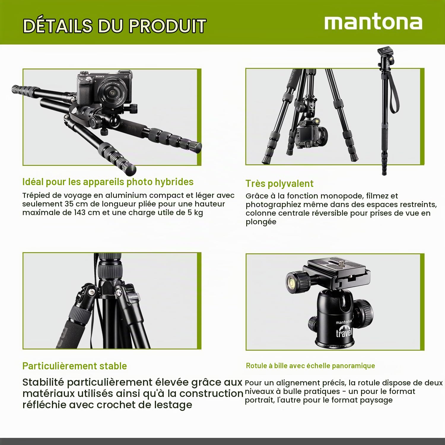 Mantona DSLM Travel Noir Trépied de Voyage