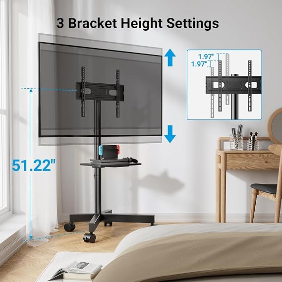 PERLESMITH Rolling TV Stand, Mobile TV Stand for 23-60 Inch LCD LED TVs, Tilt TV Stand Wheels Holds up to 88Lbs, Portable TV Stand for Bedroom with Shelf, Outdoor TV Stand Max VESA 400x400mm PSTVMC06