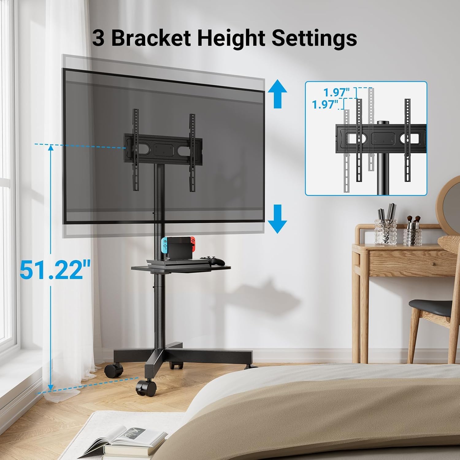 PERLESMITH Rolling TV Stand Mobile TV Stand for 23-60 Inch LCD LED TVs Tilt TV Stand Wheels Holds up to 88Lbs Portable TV Stand for Bedroom with Shelf Outdoor TV Stand Max VESA 400x400mm PSTV product thumbnail 5