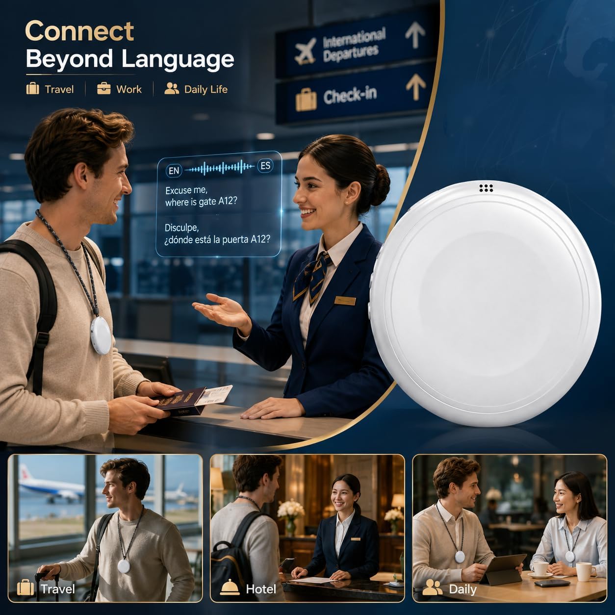 Smart AI Language Translator Device, 160+ Languages Supported, Portable Wearable Translator for Spanish & English Practice, Travel, Business & Daily Communication