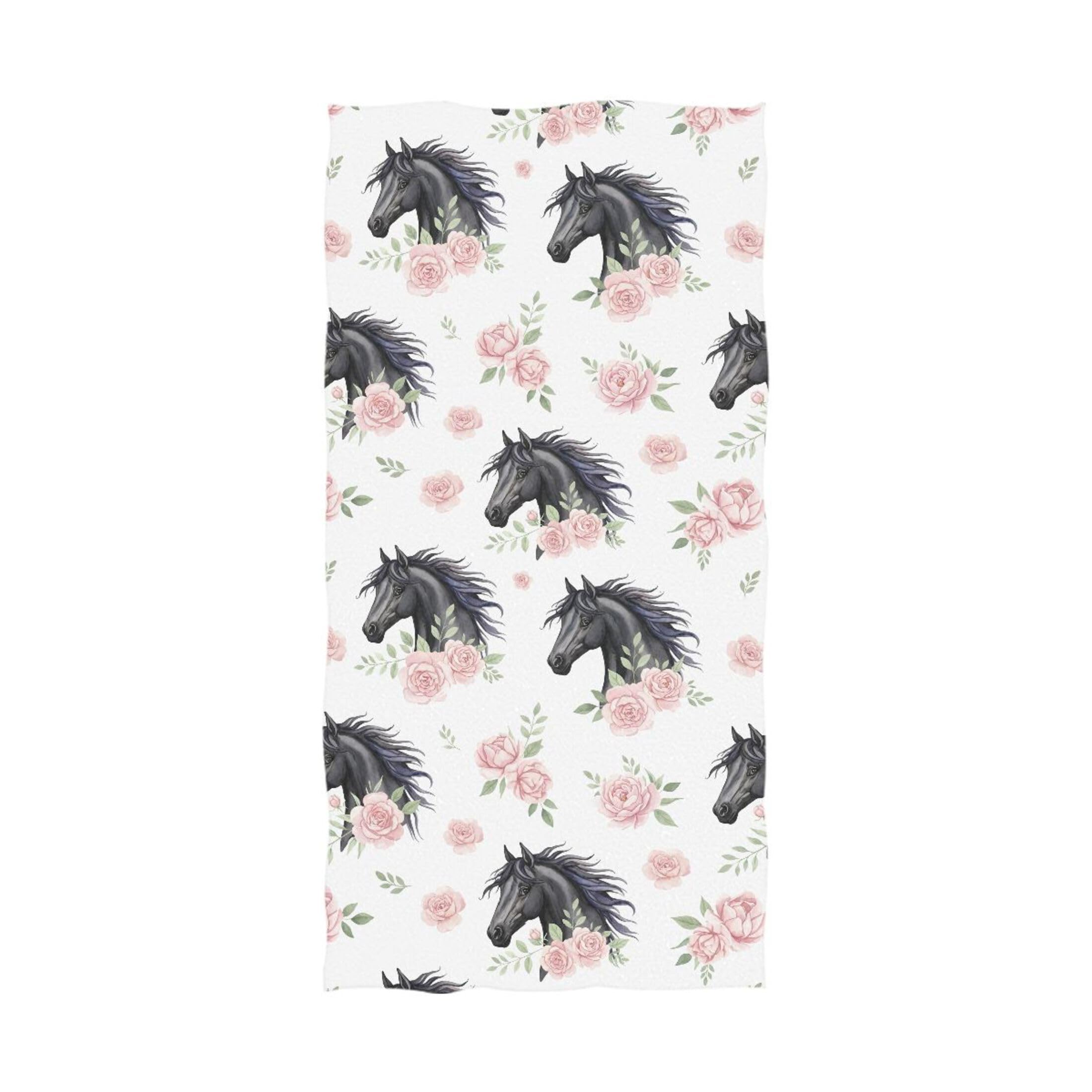 Kutsu Horses Flowers Bath Towel, Highly Absorbent Cotton Soft Bath Hand Towel for Bathroom Kitchen Hotel Spa, 64 x 32 In