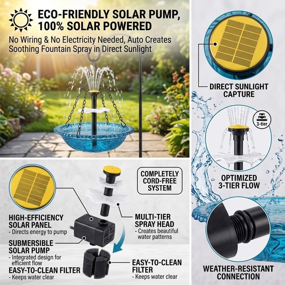 Solar Cascade Hanging Bird Bath Fountain, Outdoor Solar Hanging Bird Bath Fountain, No Wiring Or Power Required, Attract Wild Birds, for Outdoor Garden, Terrace Decoration (Blue-B)