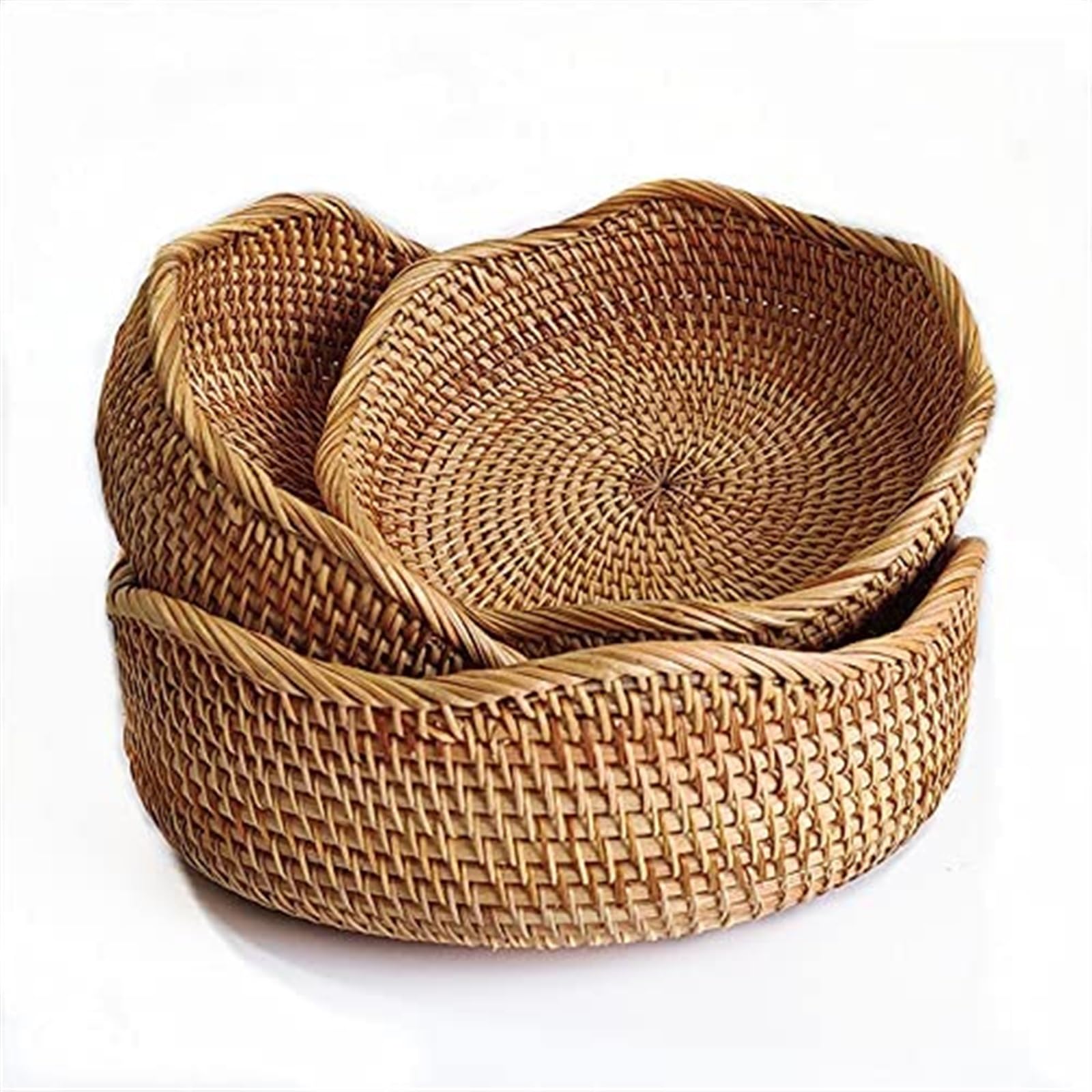 THE WHITE SHOP 3PCS Rattan Round Fruit Baskets, Wicker Storage Bowls, Natural Woven Serving Basket Bowls, Decorative Baskets for Kitchen Counter Organizing