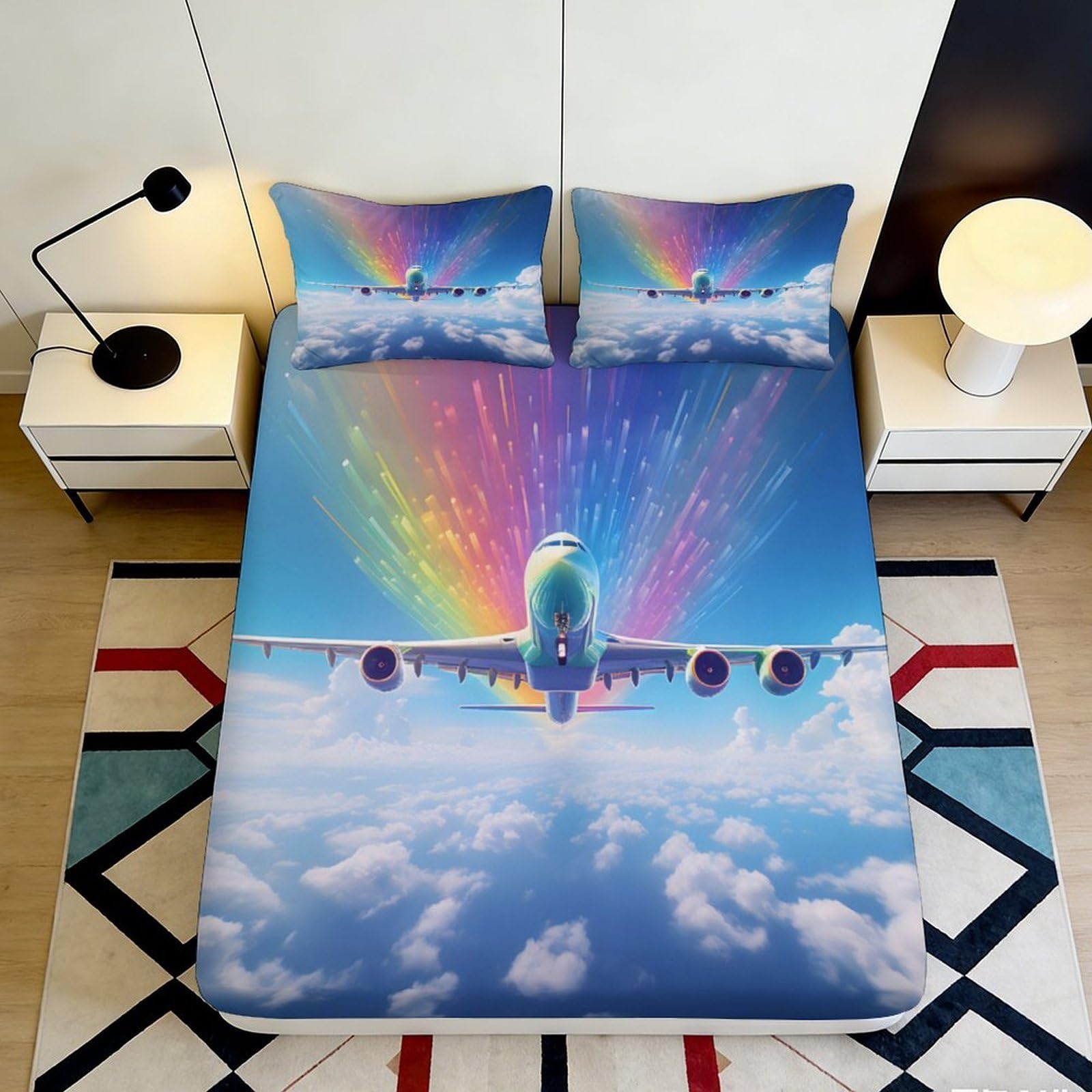 Vivid Decor 3D Printed Rainbow Airplane Fitted Sheet Microfiber Soft Touch, Bed Cover for Bedroom, Guest Room Bedding, Easy Care 200x200x25cm
