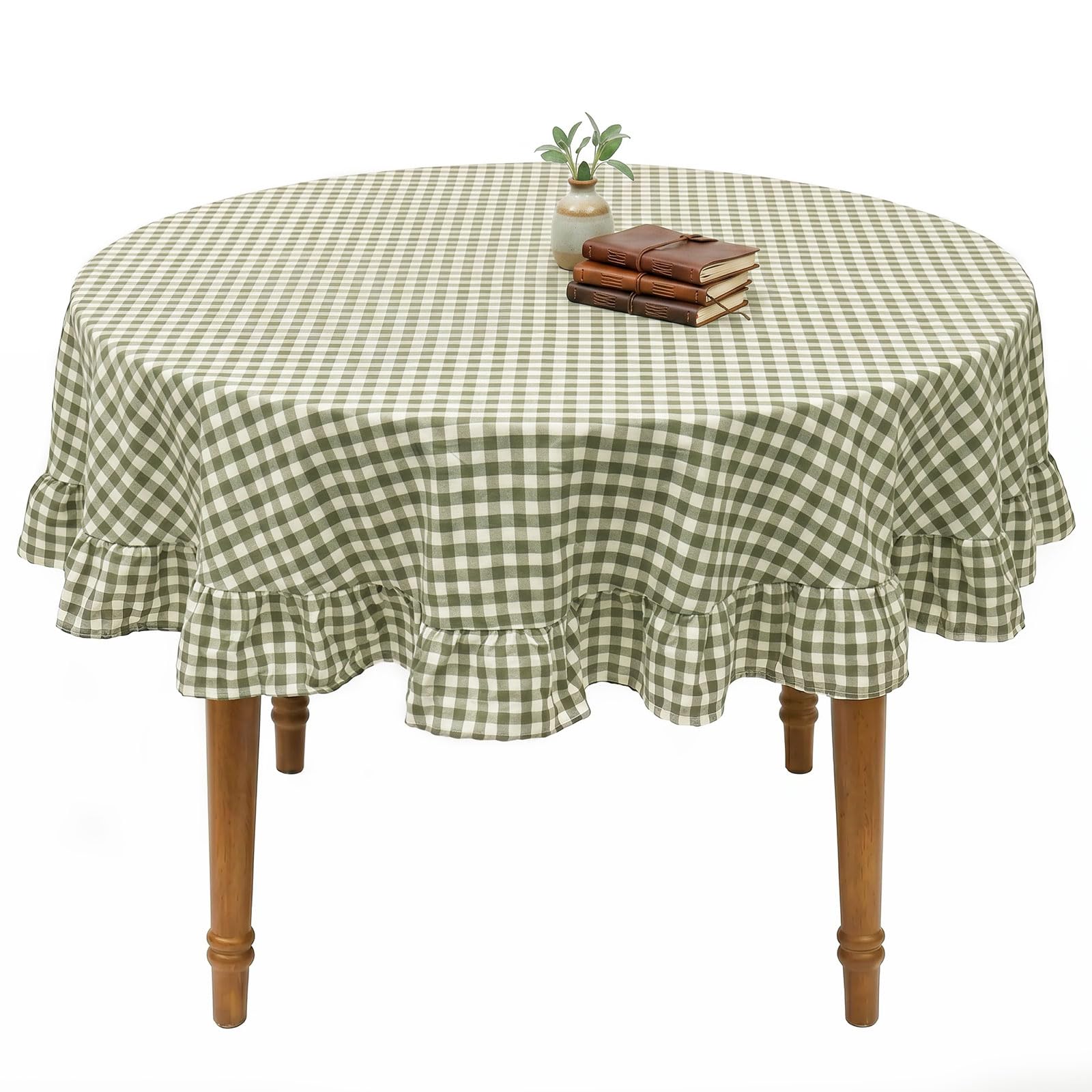 Ruffled Gingham Table Cloth, 100% Washed Cotton Gingham Tablecloth with Ruffled Edge, Vintage Sage Green Buffalo Plaid Checkered Decorative Farmhouse Table Cover for Kitchen Dining Room Picnic Party