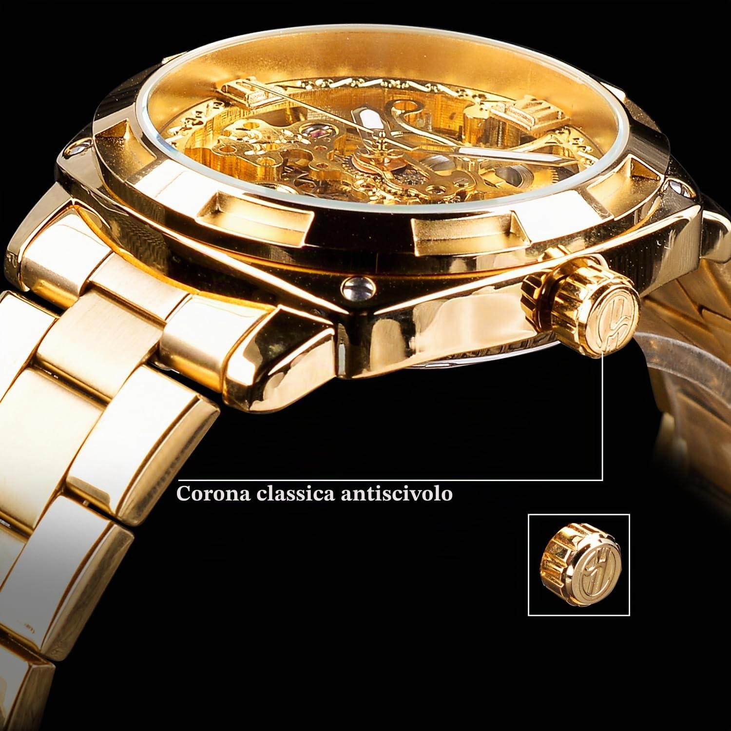 Forsining - Orologio da polso automatico meccanico da uomo, retro, di lusso, con incisione floreale dorata completa, design scheletrato