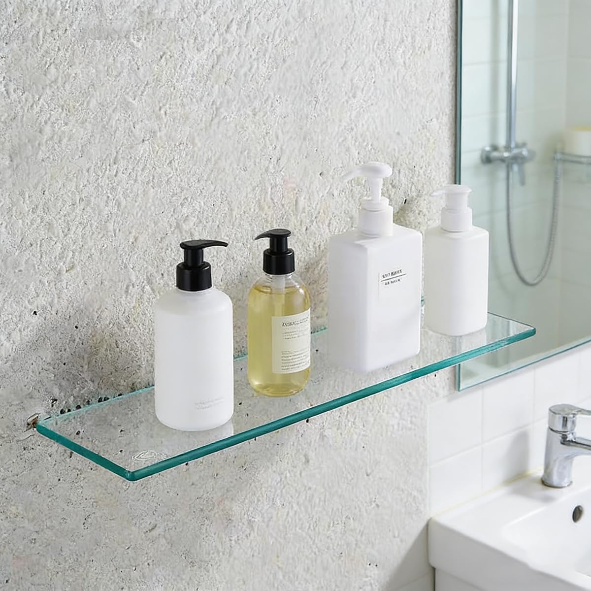 Estantes de Ducha de Vidrio Templado de 8 mm Estante de Pared de Cristal de Acero Inoxidable Soporte Cromado para Baño y Cocina （35CM-2PC）