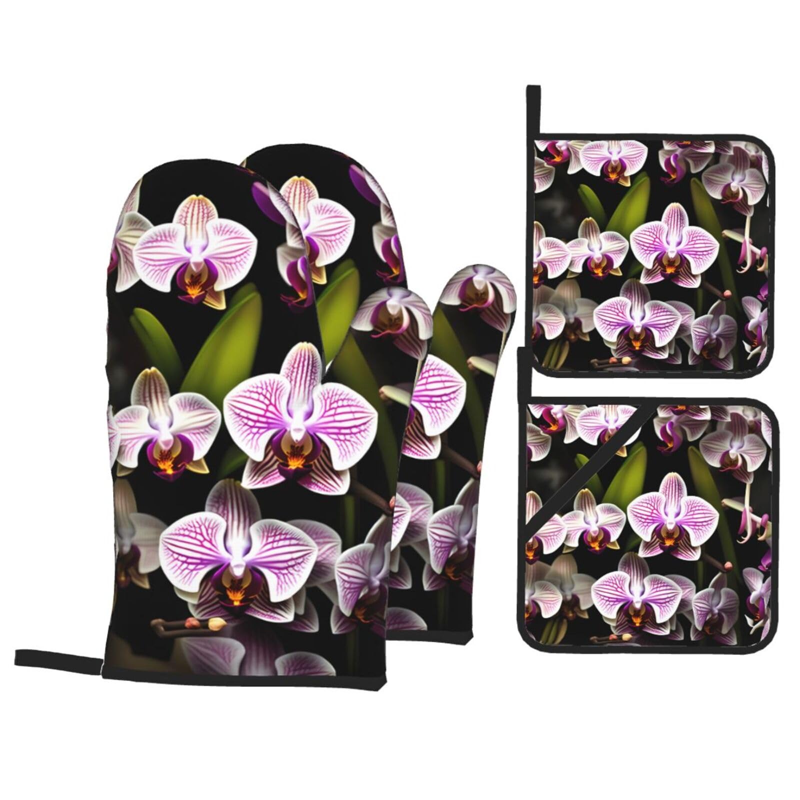 Nimongt Black Orchids Print Heat-Resistant 4-Piece Oven Kitchen Gloves For Baking Cooking Microwaving Essentials