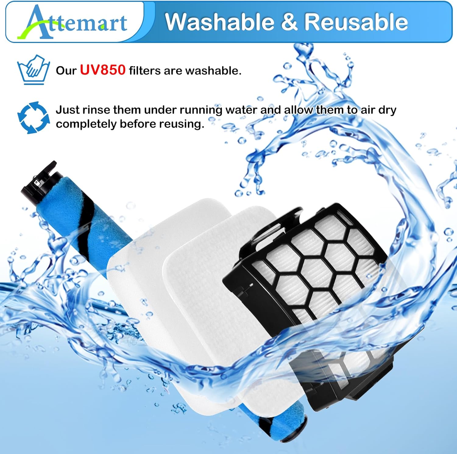 UV850 Filter Brush Replacement Parts for Shark UV850 Performance Lift-Away ADV DuoClean PowerFins Upright Vacuum, 1 Soft Brush Roll+2 HEPA+4 Foam Felt Filters, Part #1483FC2000 & XHF320 & XFFK602UKT