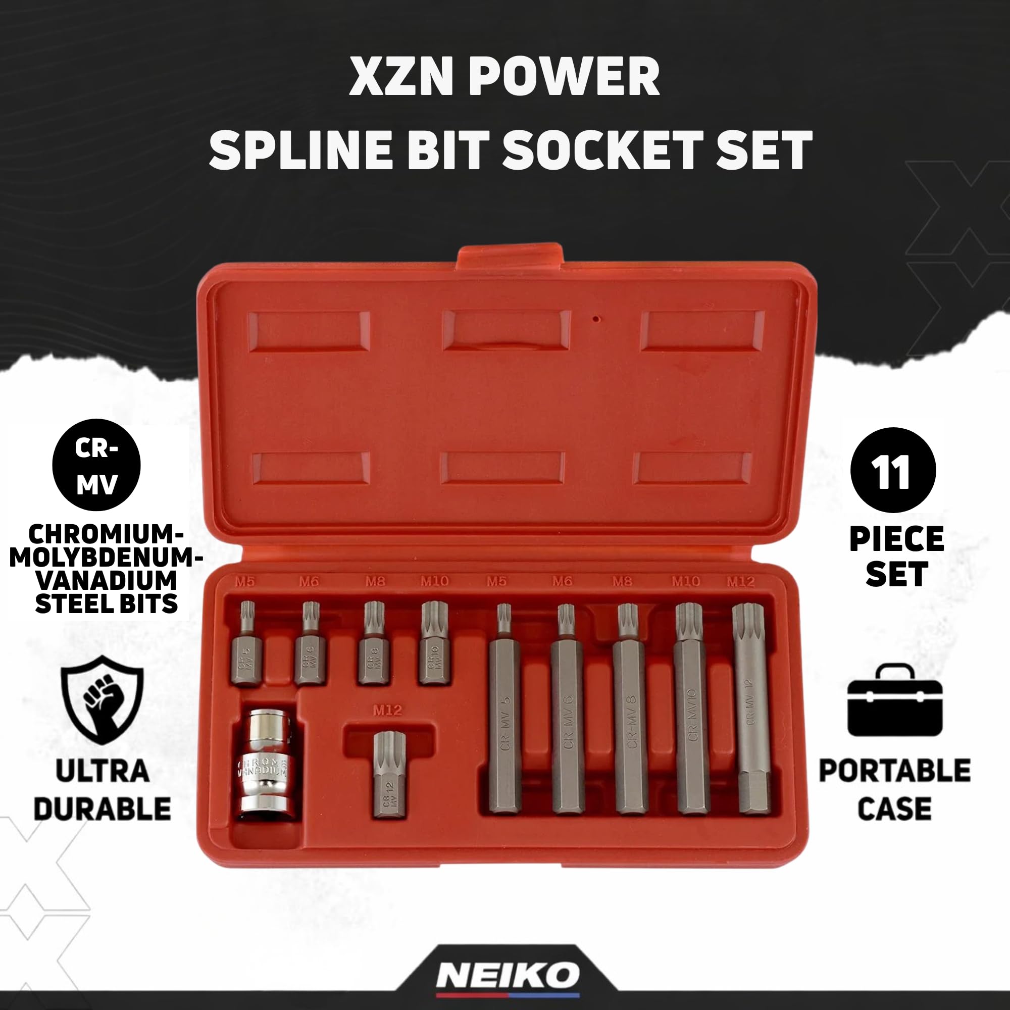 NEIKO 10078A XZN Triple Square Spline Bit Socket Set | 11 Piece