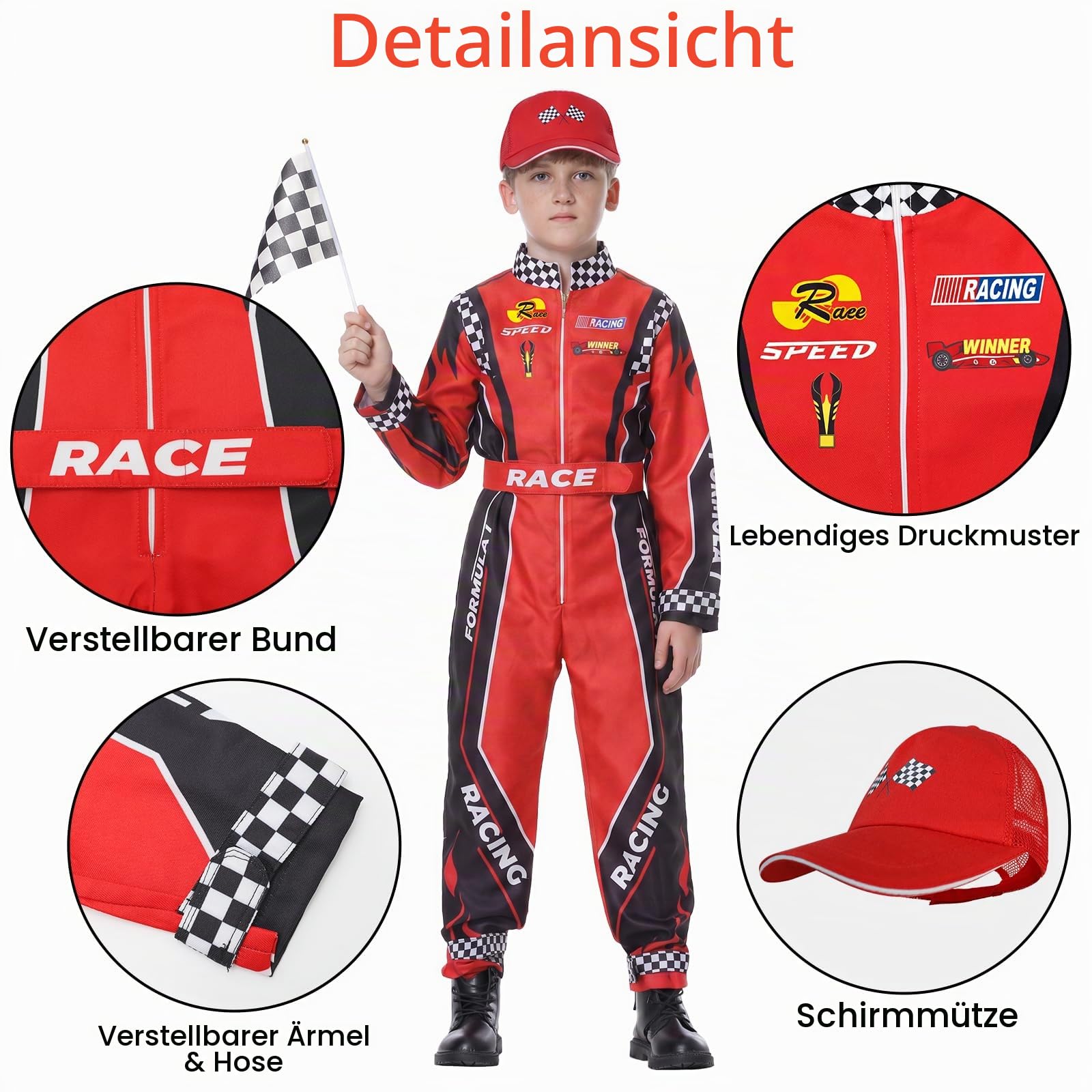 Rennwagenfahrer Kostüm Jungen Racer Overall mit Auto Kappe Kinder verkleiden sich für Halloween