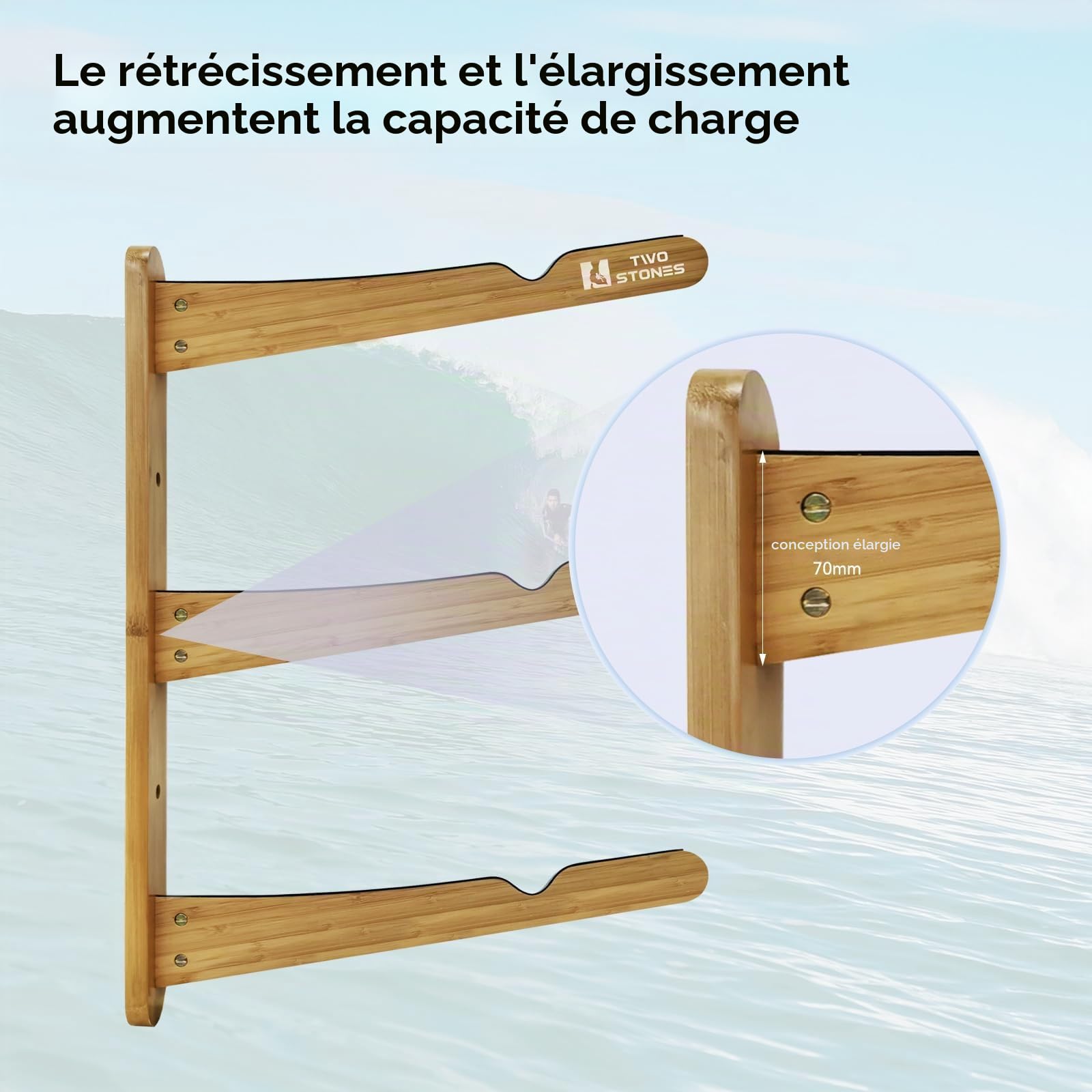 Two Stones Porte-Planches de Surf pour Le Mur, Support de Planche de Surf Fonctionne comme Support de shortboard, Skimboard et Longboard (CJ-OT2202)