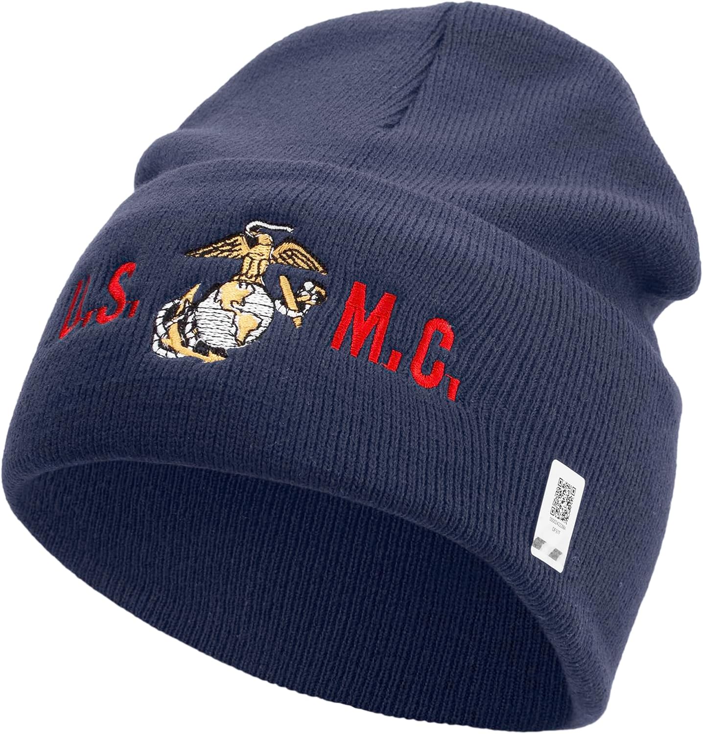 USMC Logo Embroidered 12 Inch Solid Knit Cuff Long Beanie Made in USA