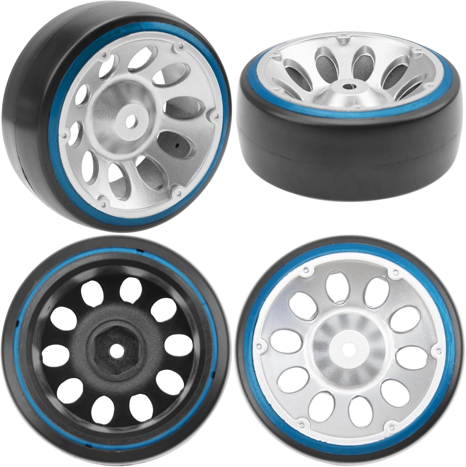 1/10 RC Drift Car Tires 12mm Hex Hub Wheel Rims & Hard Plastic Tyre 6 Spoke Compatible with Traxxas HSP Tamiya Kyosho HPI Redcat 1/10 On-Road RC Drift Drifting Car