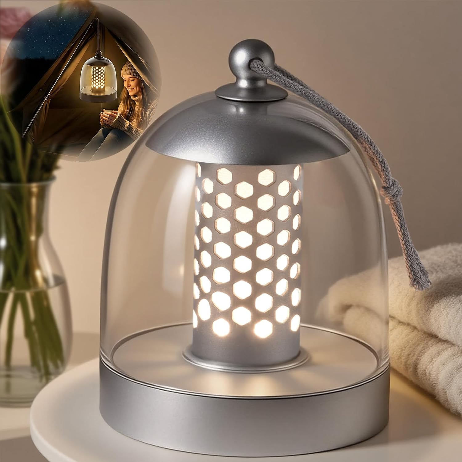 Rechargeable Camping Lantern for Power Outages Essentials,Battery Operated Lamp,Cordless Outdoor Lantern Waterproof Inside Shower,Acrylic Shade Touch Dimmable Portable Light for Living Room