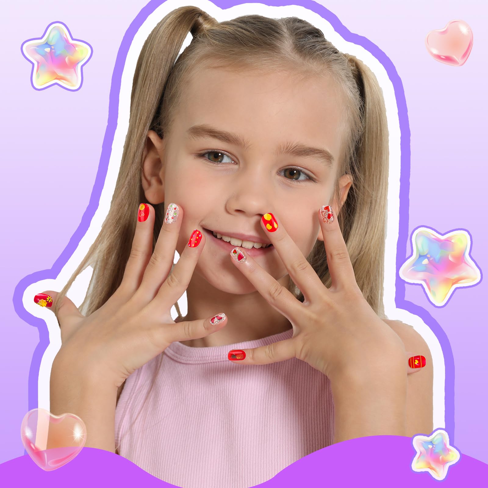 Uñas a presión para niñas, 12 estilos de uñas a presión para niños, 6 hojas de calcomanías de uñas con forma de corazón y frutas para niños, calcomanías de diamantes de imitación 3D, gemas de 5