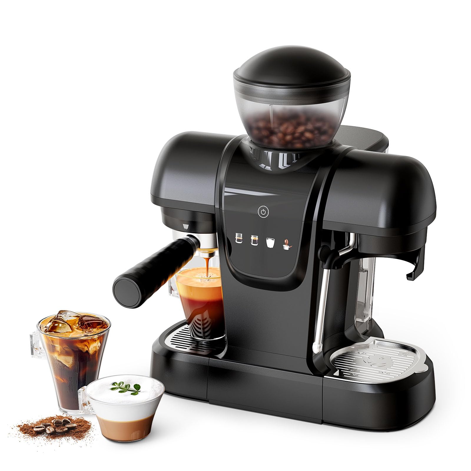 RECAFIMIL 19 Bar Coffee Maker with Bean Grinder, 2-in-1 Coffee Maker for Ground Coffee, Cappuccino and Latte Coffee Maker with Milk Frother, Touch Panel, Removable Water Tank (Black)