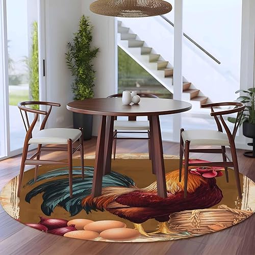 Miniatura 4 de 7ft Round Rug, Retro Rooster Non-Skid Rubber Backing Large Area Rugs - Living Room Bedroom Home Office, Pastoral Animals Watercolor Botanical Indoor