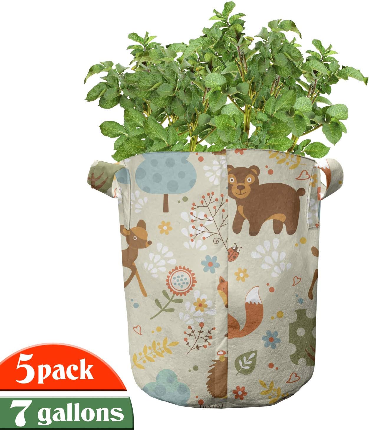 Lunarable Woodland Grow Bags 5-Pack, Animals Gazelle Ladybug, Heavyduty Fabric Pots with Handles for Plants, 7 Gallon, Multicolor