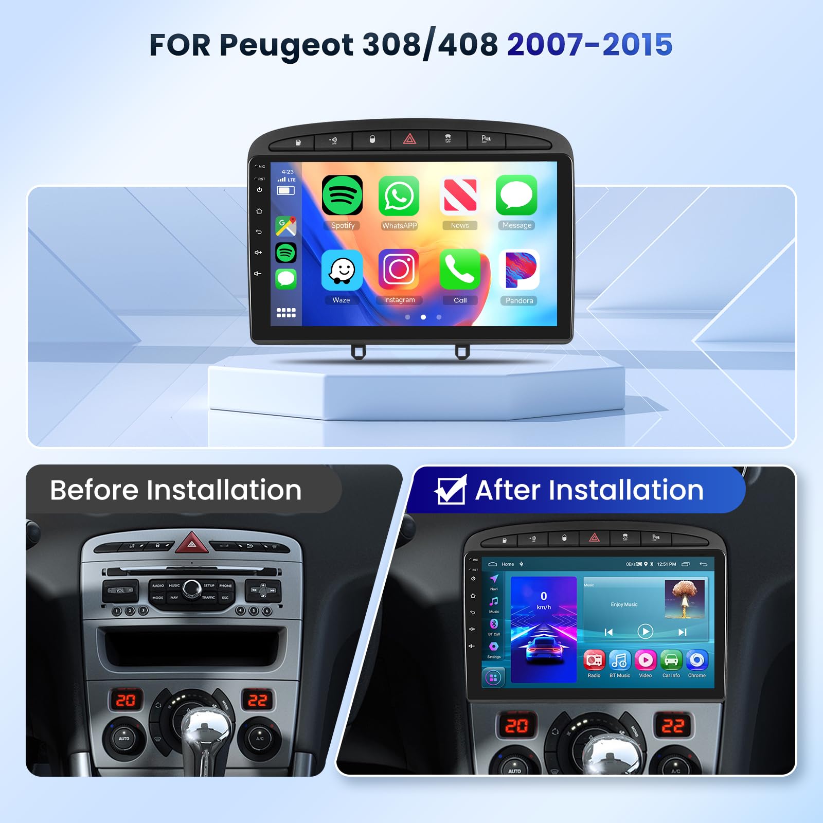Autoradio 8 Cœurs 6 128GB pour Peugeot 308 408 2007-2015, Android Écran