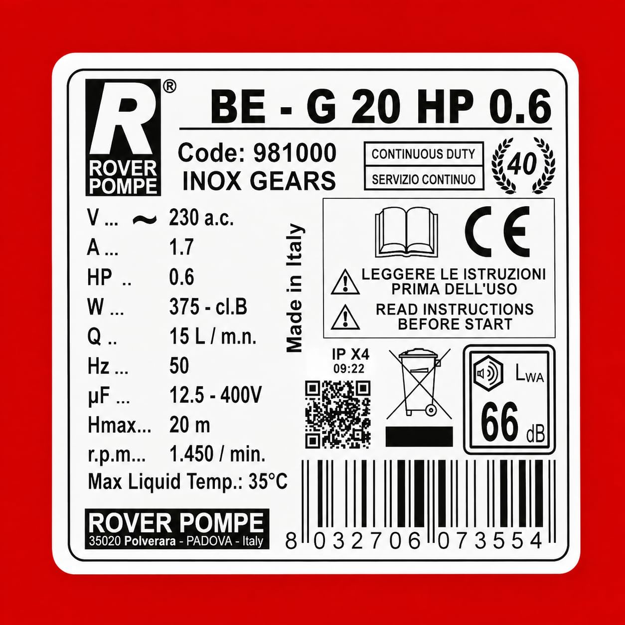 Elektrische Zahnradpumpe BE-G 20 - Fördermenge 900 l/h - 230 V / 50 Hz - Anschluss-Ø 20 mm - 230x120x190 - 450 W