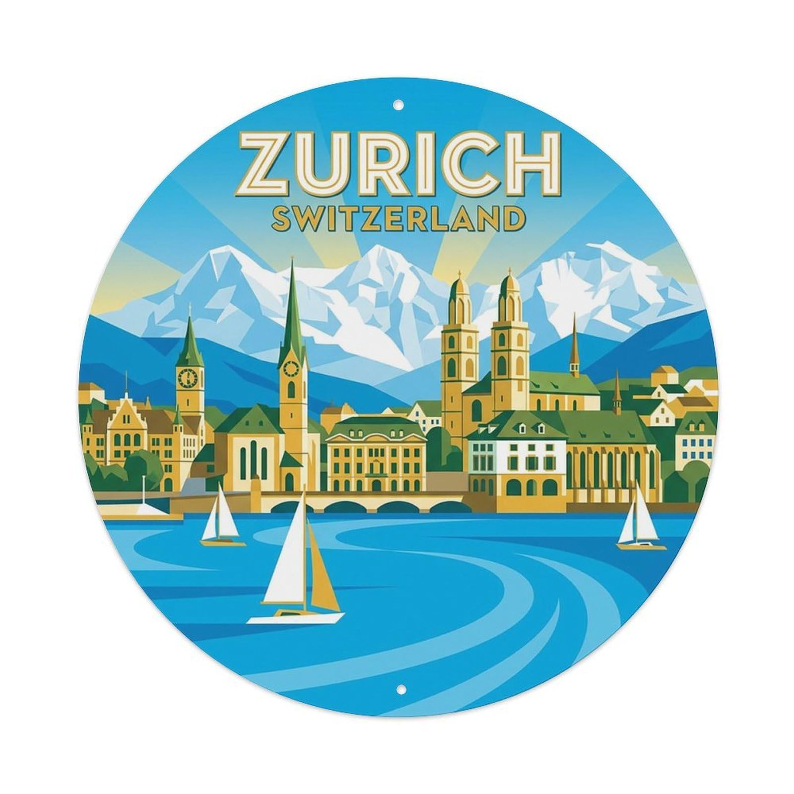 Vintage Travel Switzerland Zurich Vintage Metal Tin Sign Plaque Wall Decor for Cafe, Club Bar, Office, Garden Metal Poster 8x8Inch