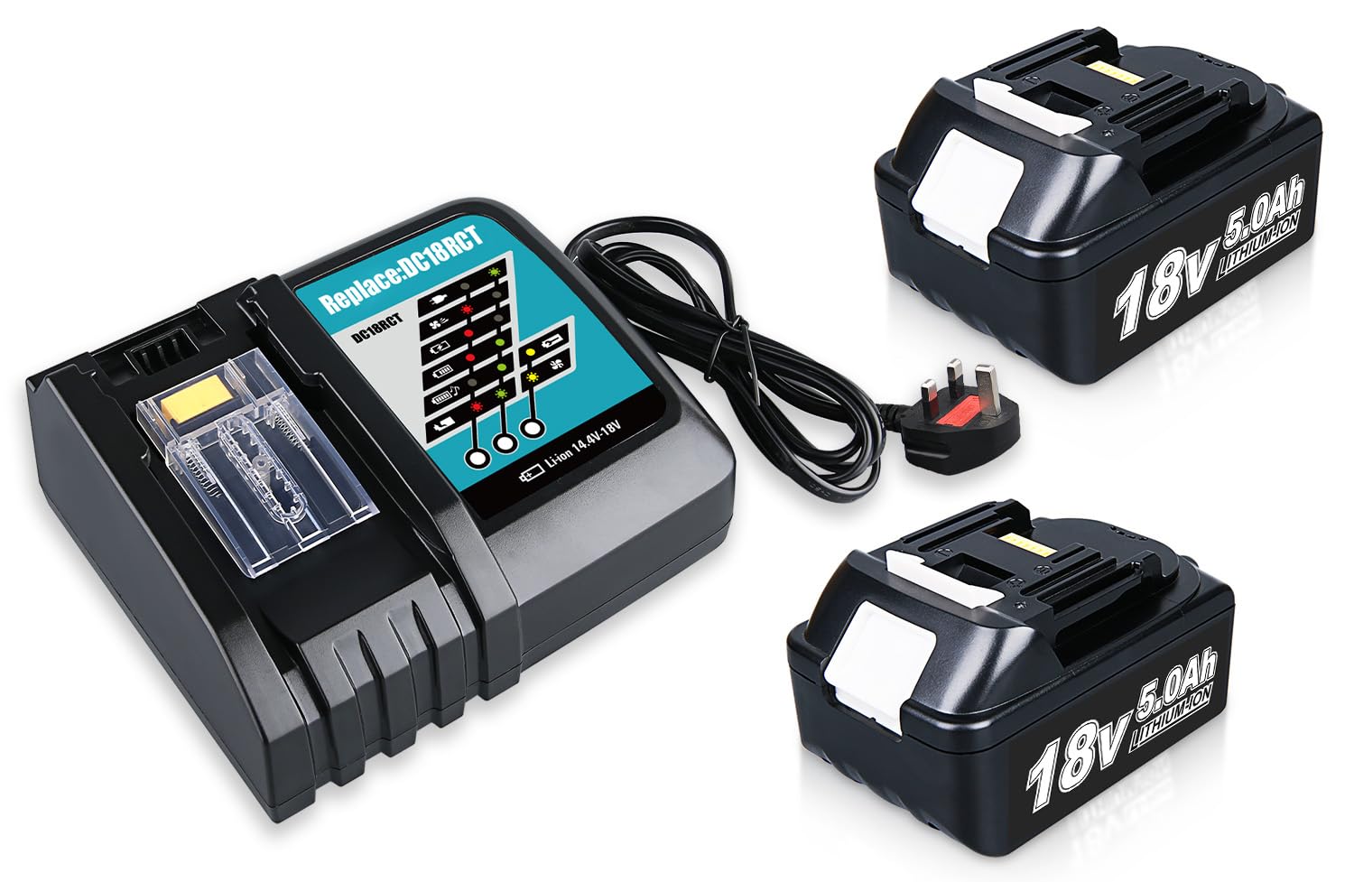 2 Pack 5.0Ah Replacement for makita 18V Batteries BL1850 BL1860 LXT-400 + DC18RC 3A Fast Charger for 14.4V 18V Li-ion Battery BL1815 BL1830 BL1850 BL1430