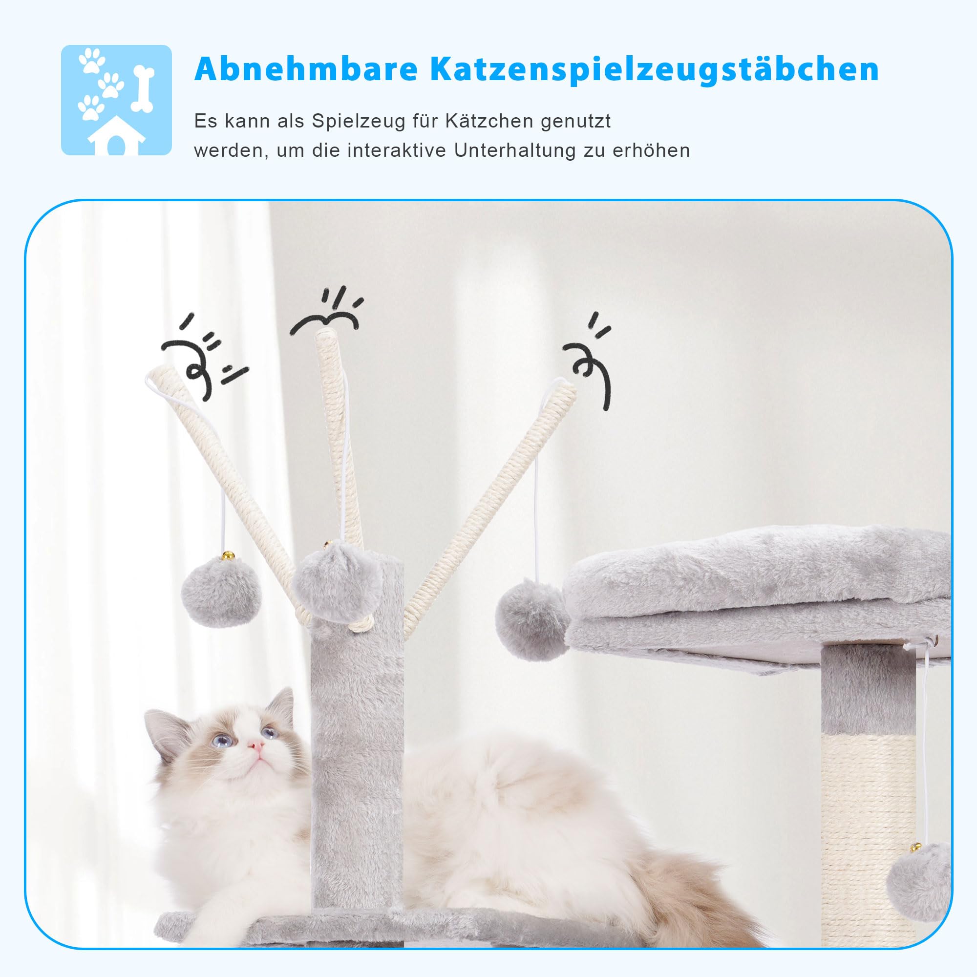 Hey-Brother Kratzbaum, 135 cm Indoor Katzenbaum, Mit gepolsterter Plattform Bett, Spielzeug Ball, Höhlen, Hängematte und Sisal Kratzbaum Katzenhaus, Hellgrau MPJ019-SW