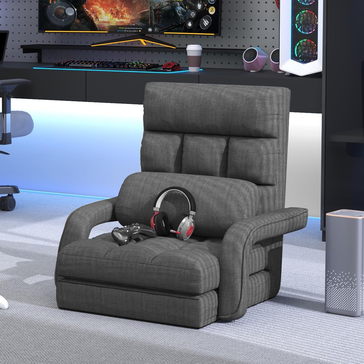 WAYTRIM 6-Position Indoor Chaise Lounge Chair, Gaming Floor Chair for Teens & Adults, Lazy Sofa for Pets with Armrest & Pillow - Charcoal