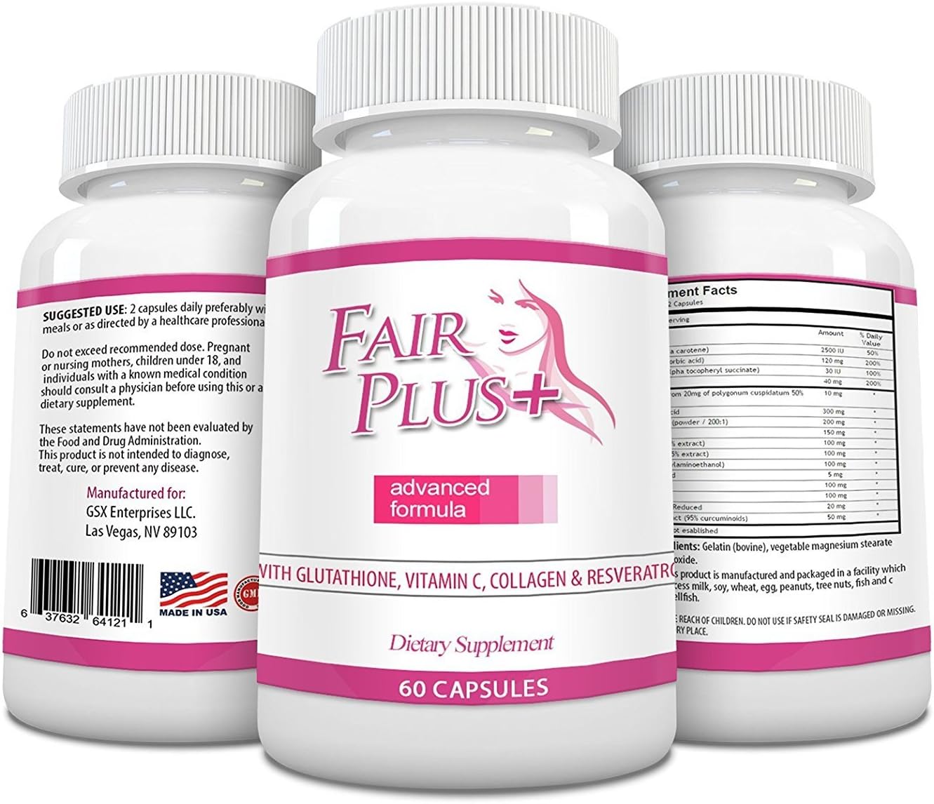 Skin Whitening Pills Advanced Formula for Fair and Beautiful Skin with Glutathione, Vitamin C, Collagen, Green Tea, and Resveratrol (60 Capsules)