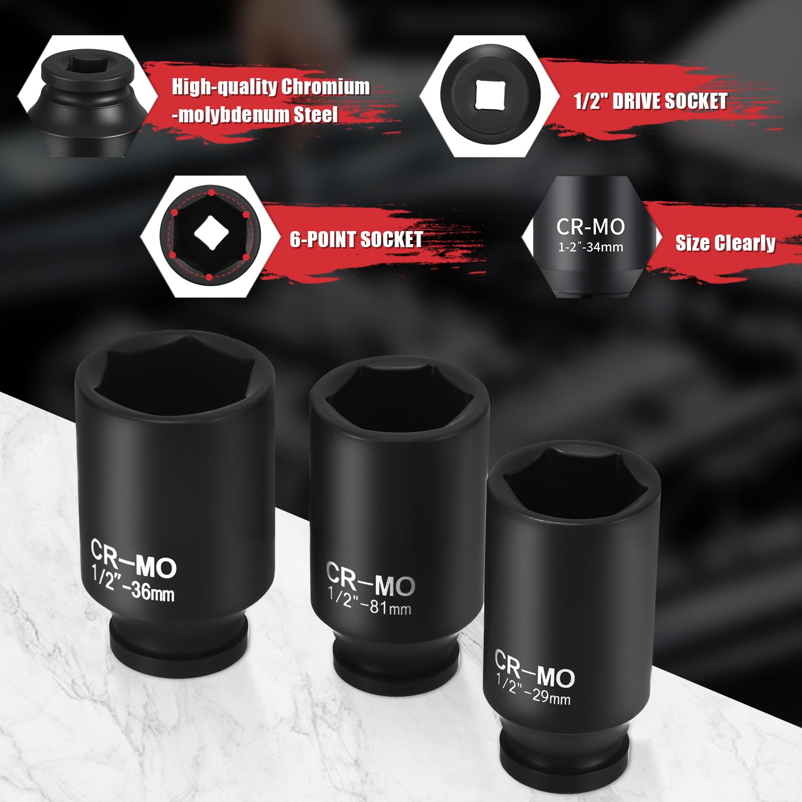 Lot de 9 douilles pour écrous de roue 1/2" - 29 mm, 30 mm, 31 mm, 32 mm, 33 mm, 34 mm, 35 mm, 36 mm, 38 mm