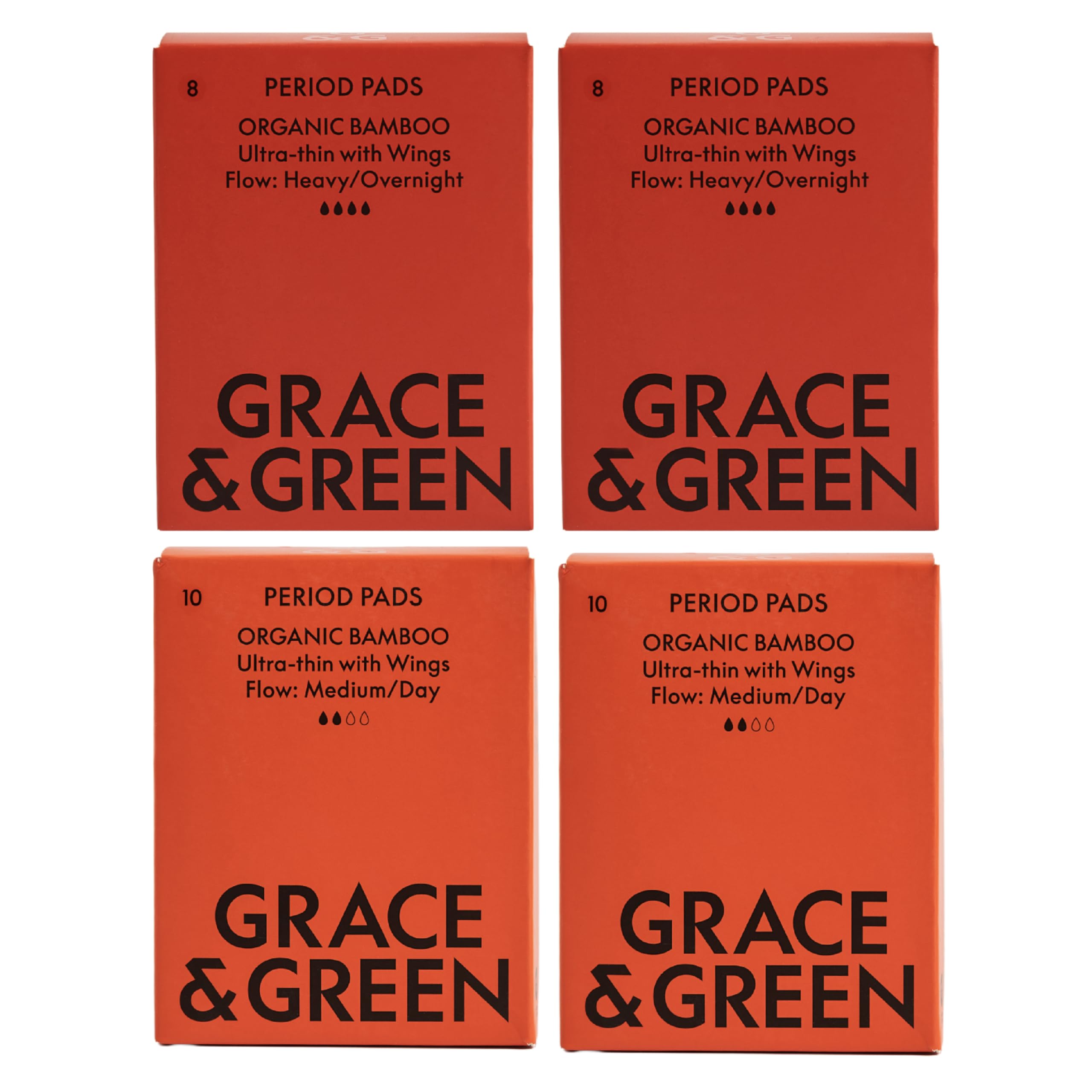 Grace & Green 36 Nightime & Daytime Bamboo Pads - Heavy & Regular Flow | Sustainable Pads with Wings | 16 Night & 20 Day Pack | Biodegradable Packaging | Eco-Friendly - B-Corp Certified