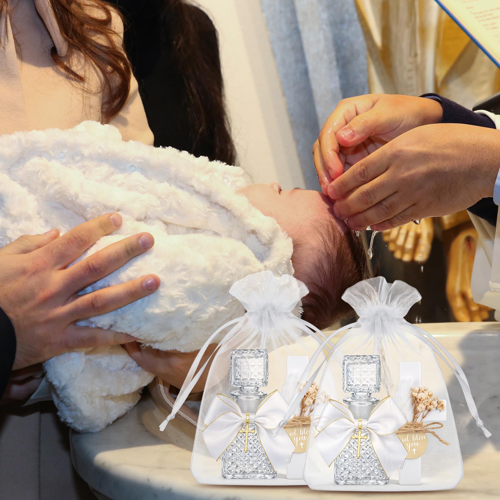 Chuangdi 40 Stück Taufgeschenke für Gäste, 10 Stück klare christliche Glasflasche, 10 Holzkreuzmagnete mit Blume, 10 Schleifen mit Goldkreuz, 10 Organzabeutel für die Erstkommunion, Kirche
