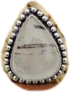 Svart rutil cabochon ring, silverpläterad ring, handgjord ring, damsmycken, (storlek 8 USA) BRS-11768