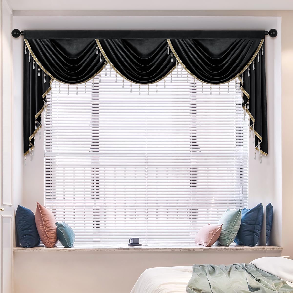 Amazon.com: ELKCA Luxury Black Velvet Curtain Valances for Living Room with Beads(98inch,1 Panel ...