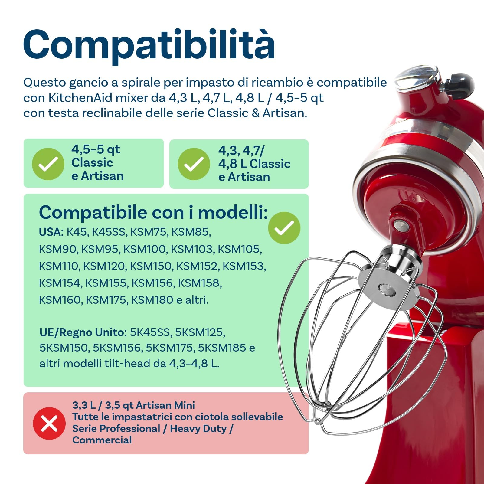 K45WW Frusta a 6 Fili per KitchenAid 4,5-5 Quart Tilt-Head Stand Mixers Serie Artisan & Classic di MMOBIEL - Agitatore per Panna Uova Alluminio - Torta Maionese Frusta - Solo Lavaggio a Mano