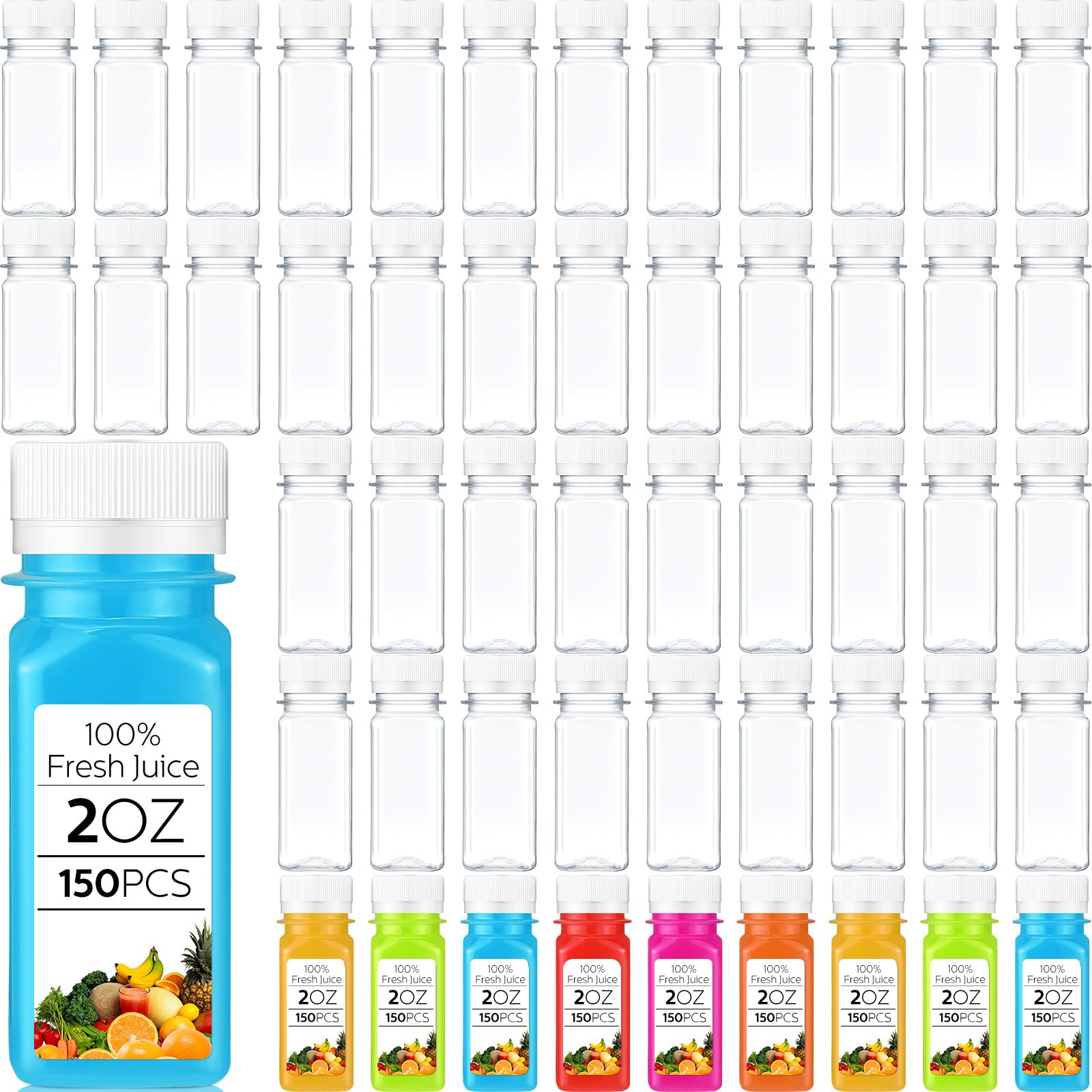 Sliner 150 Pcs 2oz Clear Plastic Bottles Mini Juice Bottle with Screw Lid Small Empty Reusable Liquid Vial Freezer Safe Drinking Beverage Container