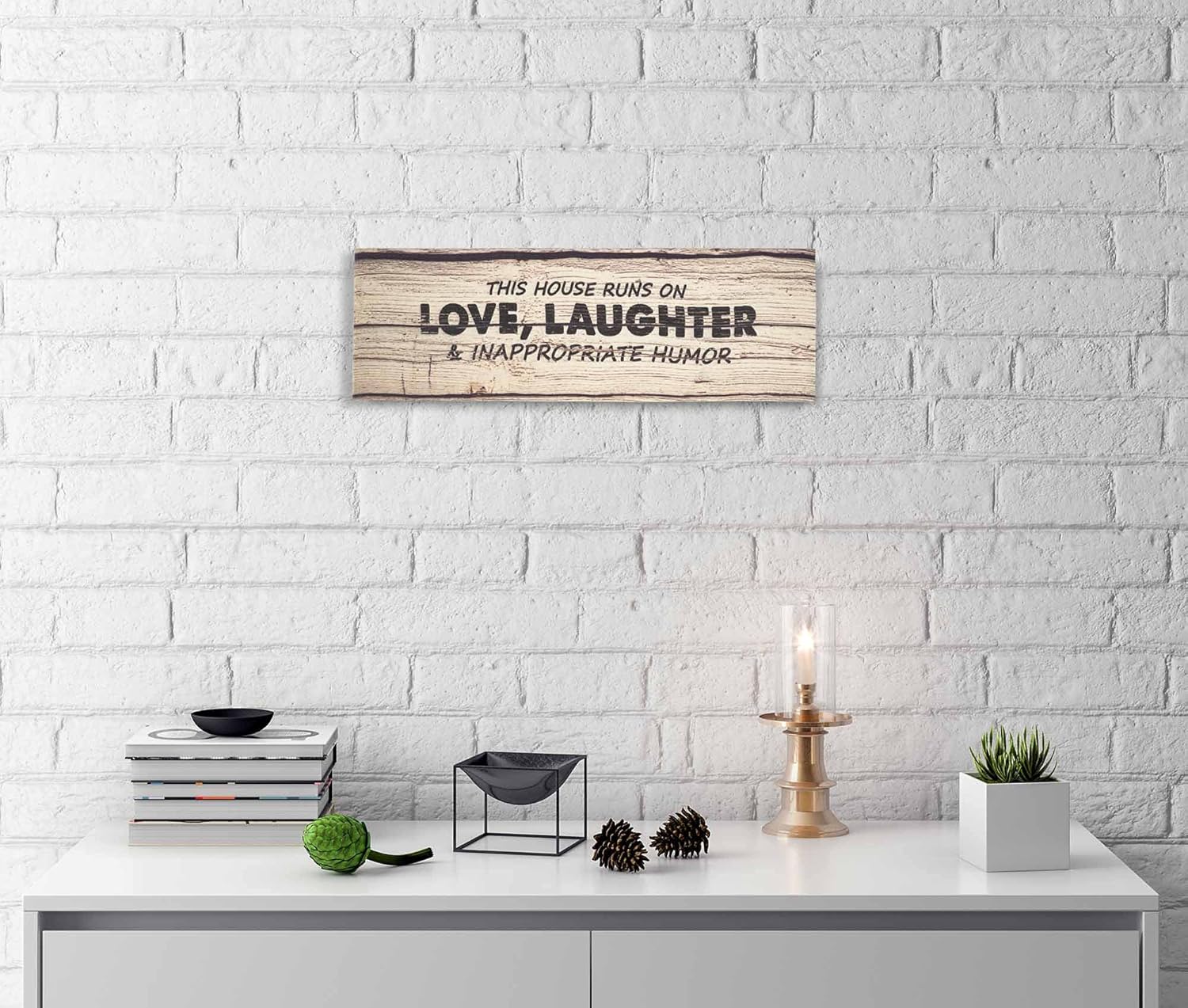 Stretched Canvas Quotes Wall Art Decor, This House Runs On Love, Laughter & Inappropriate Humor Wall Decor- 8 x 24 Rustic Wall Art Sign- Farmhouse Decor Faux Plaque Sign