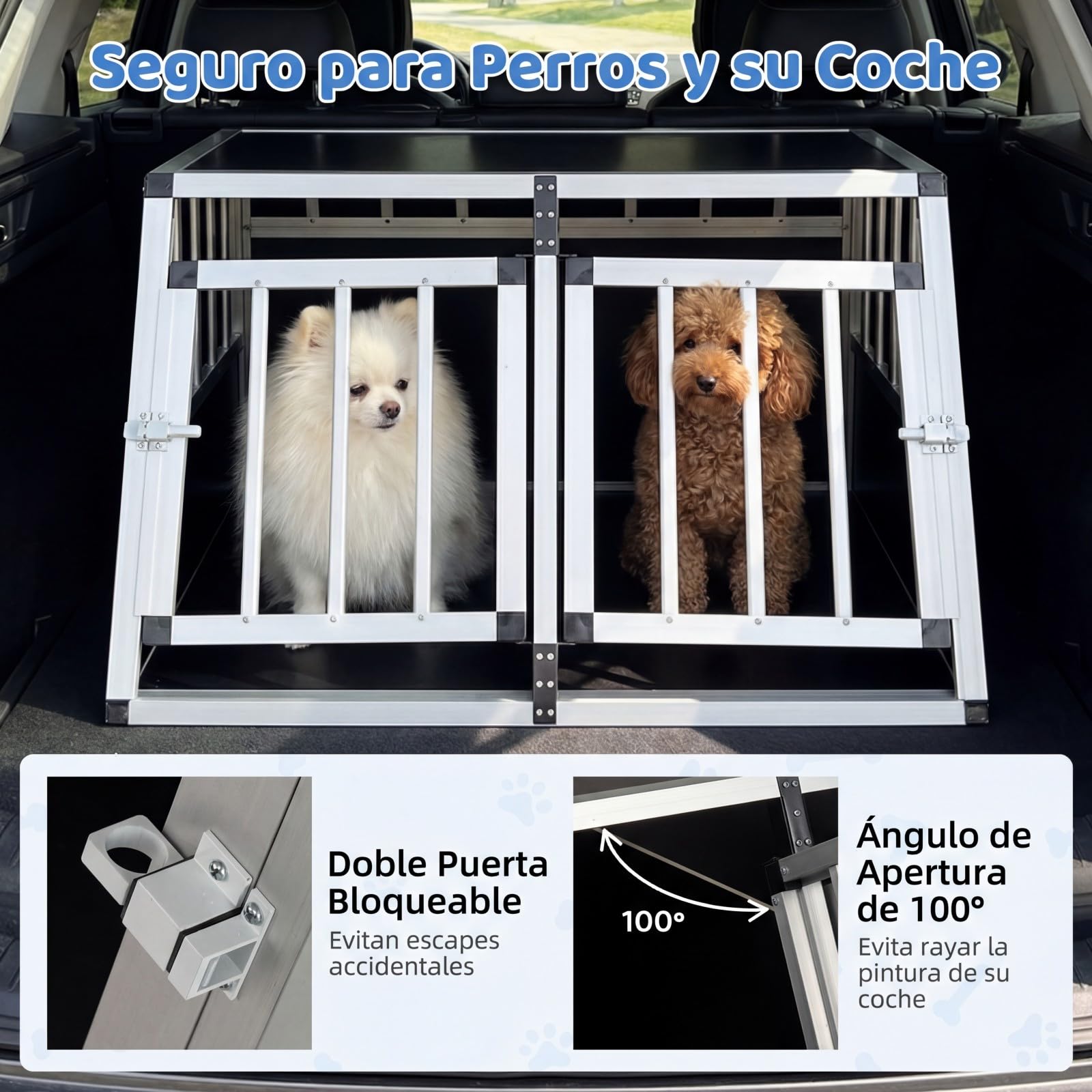 COSTWAY Transportin Perro Coche, Caja de Transporte de Aluminio para 2 Perros con Puerta Bloqueable, Divisor Extraíble, Jaula para Perros Pequeñas y Medianos, Coche, Viaje y Camping, 89x69x50,5 cm
